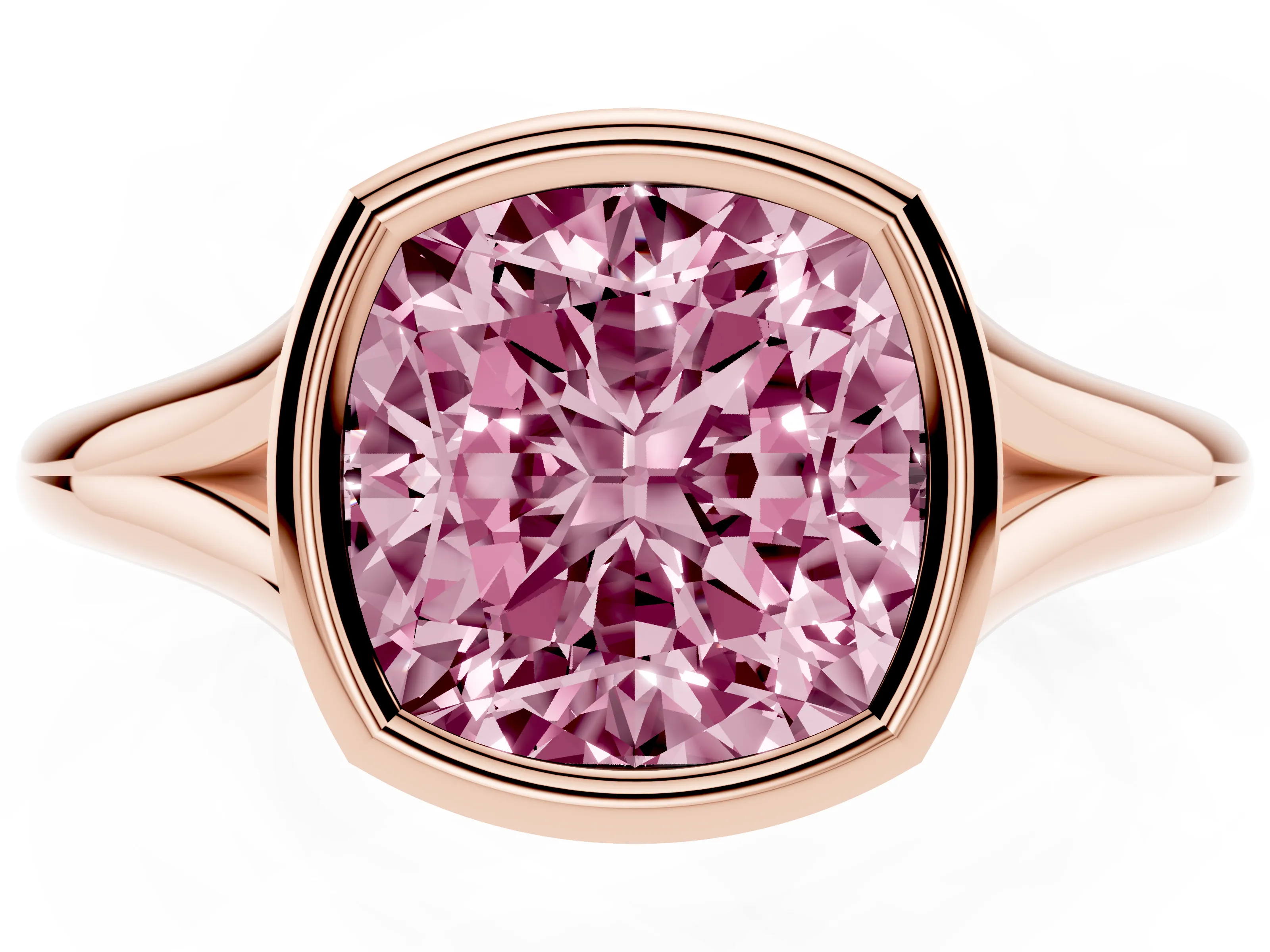 Fancy Pink Bezel Set Cushion Cut Diamond Solitaire Ring Set in Rose gold with Tapered Band