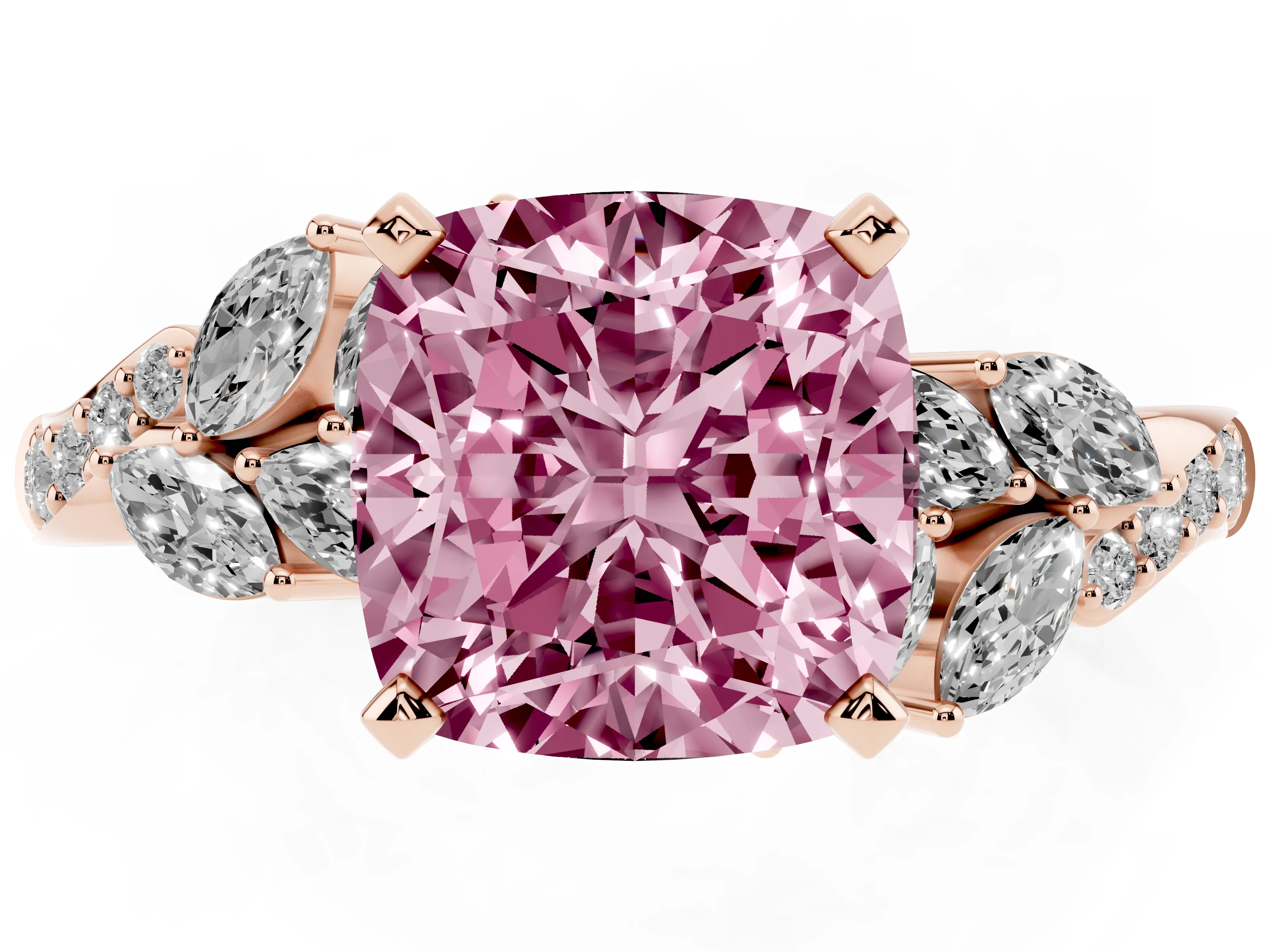 Fancy Pink Cushion Cut Diamond Solitaire Ring Set in Rose gold with Marquise Twist Band and Prong Setting