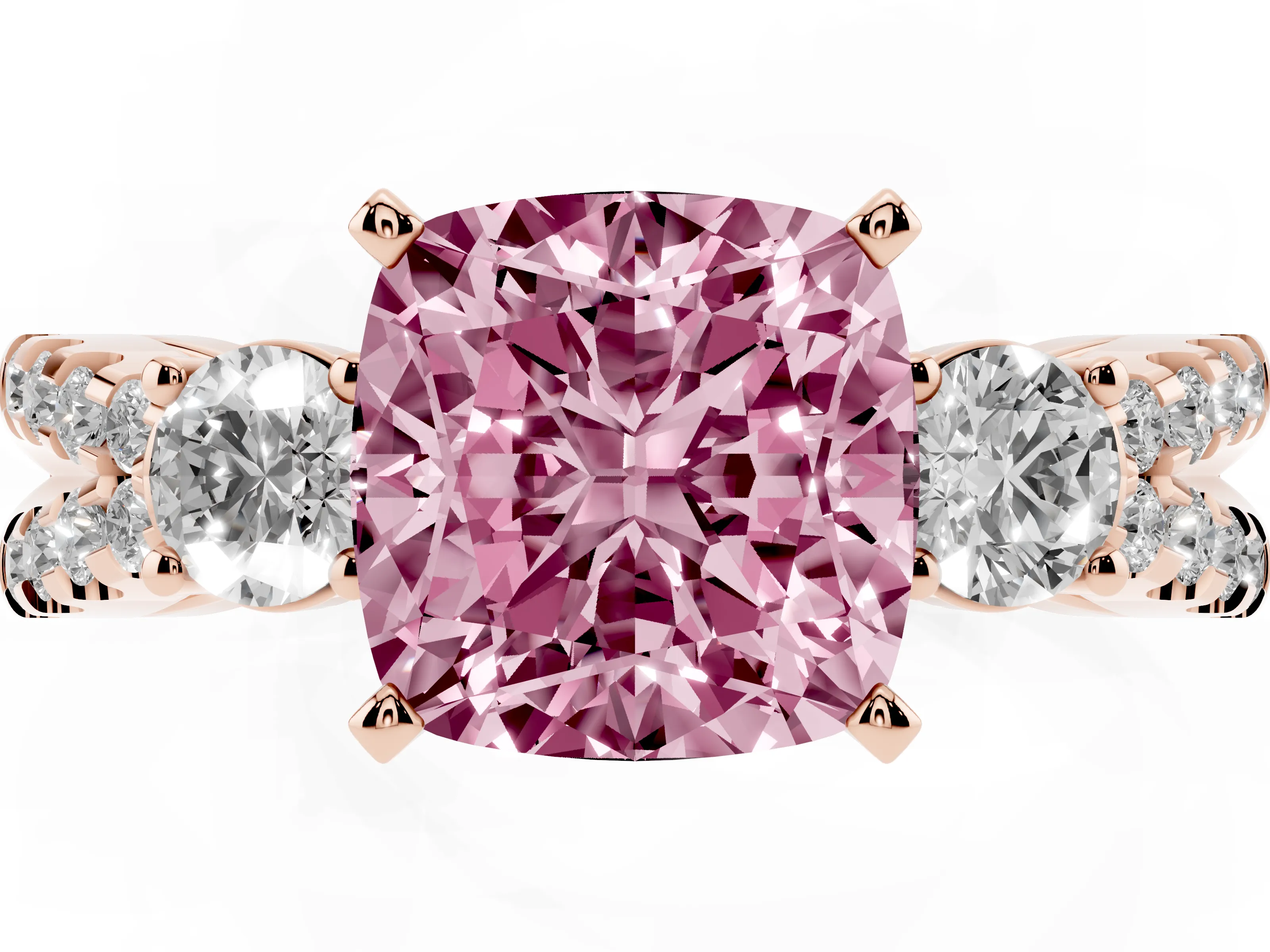Fancy Pink Cushion Cut Diamond Three-Stone Ring Set in Rose gold with Pavé Split Shank and Prong Setting