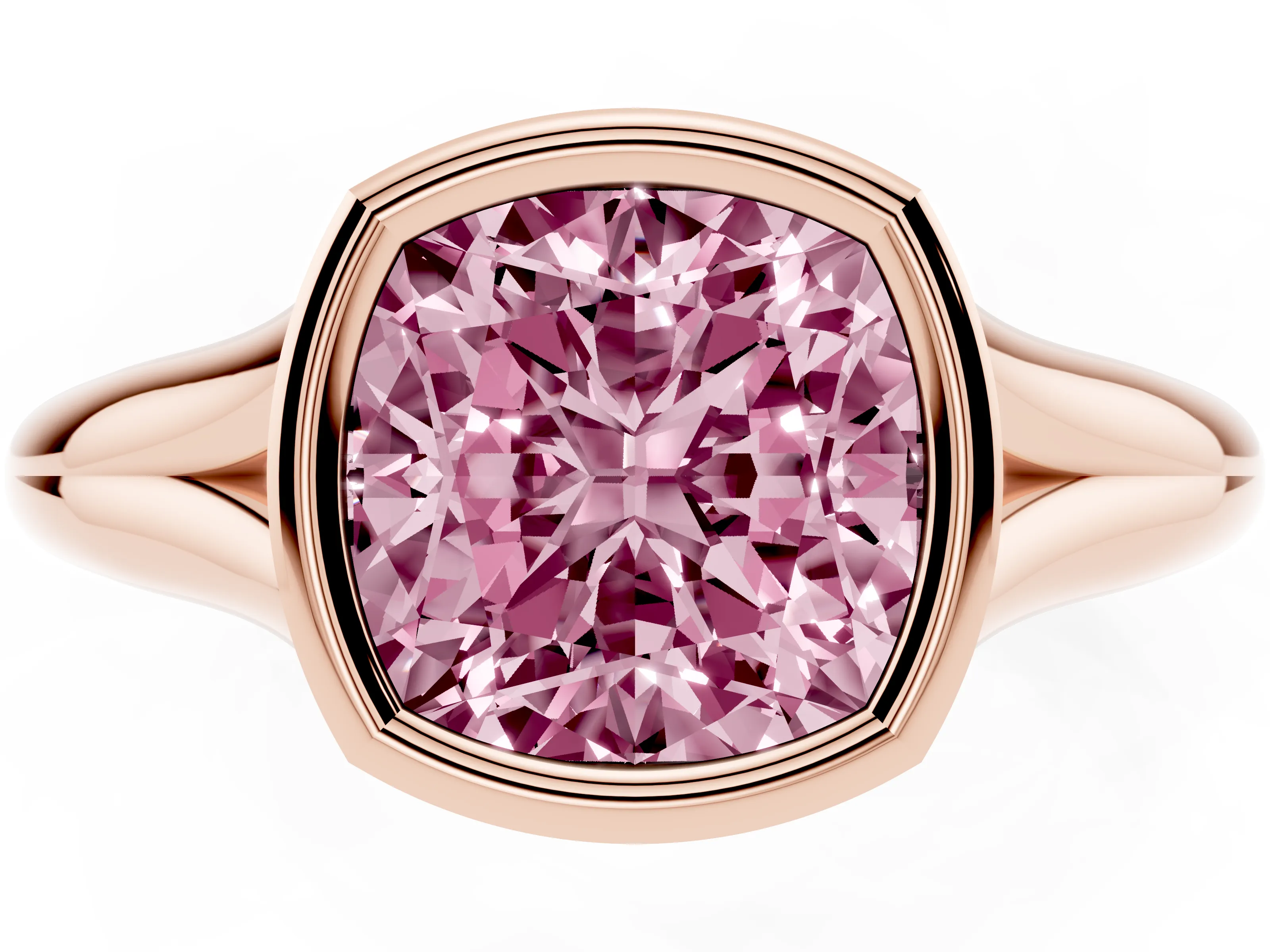 Fancy Pink Bezel Set Cushion Cut Diamond Solitaire Ring Set in Rose gold with Smooth Band