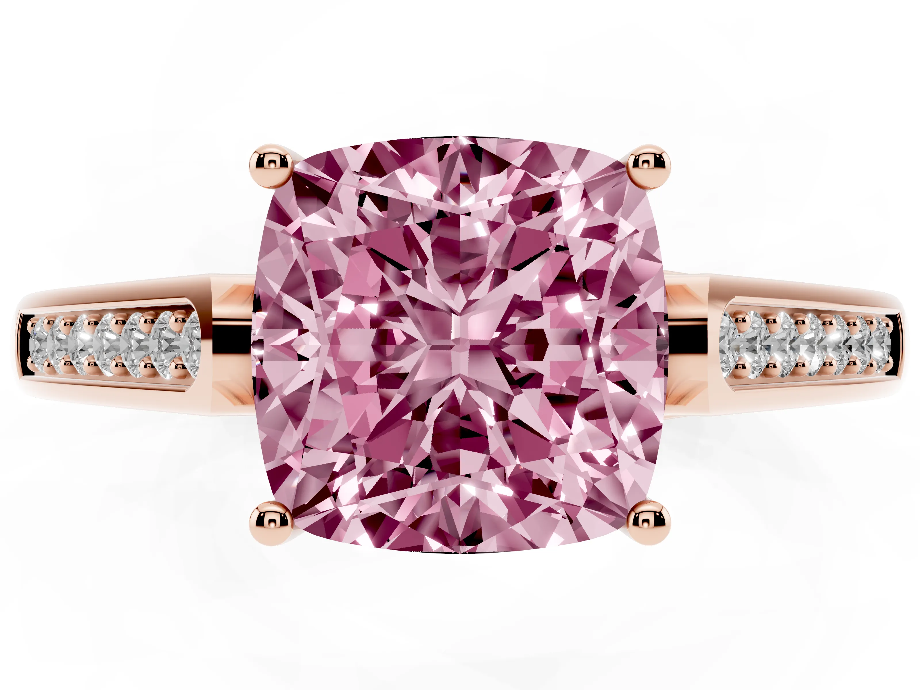 Fancy Pink Cushion Cut Diamond Solitaire Cathedral Engagement Ring Set in Rose gold with Channel-Set Band and Prong Setting