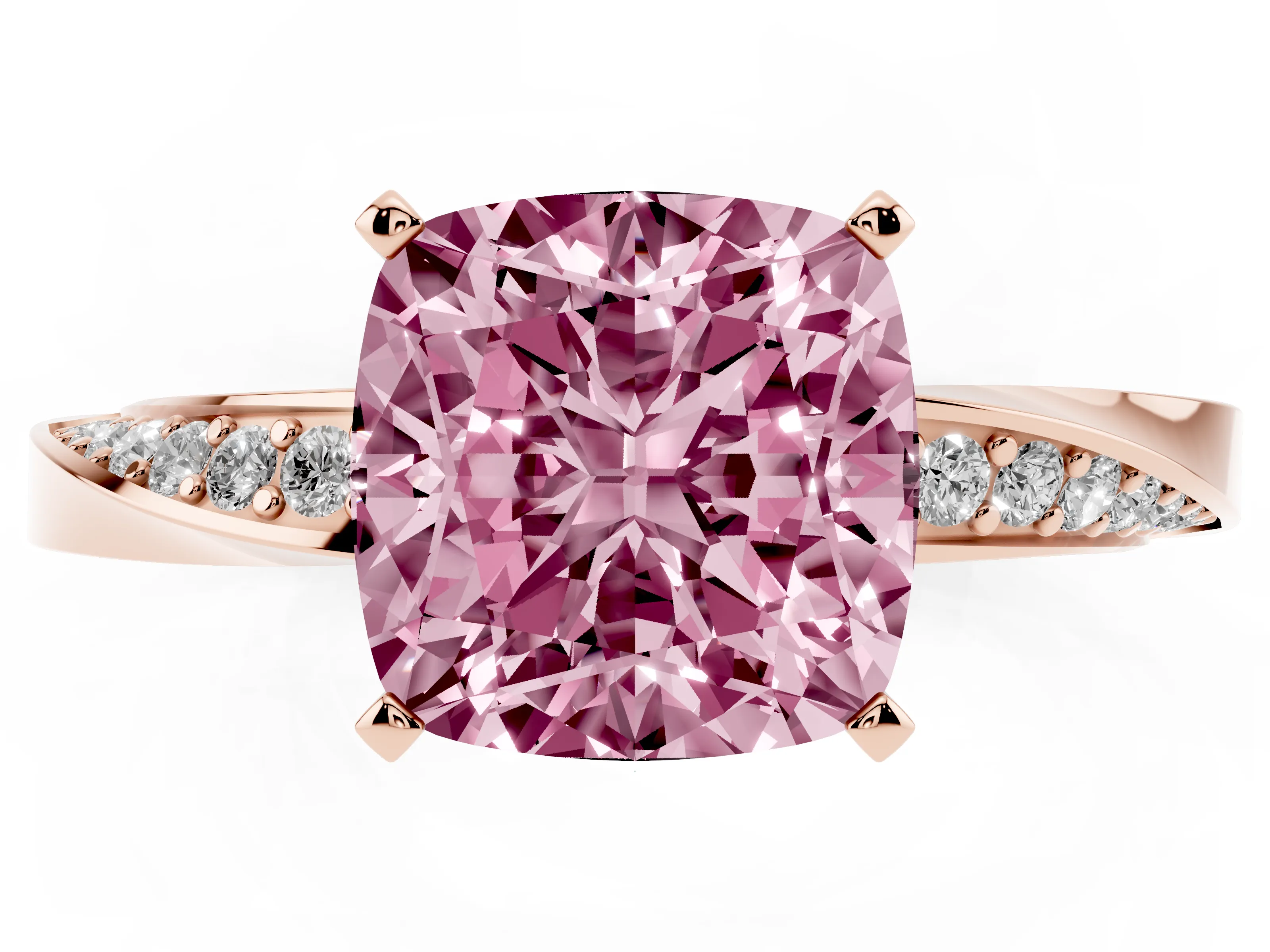 Fancy Pink Cushion Cut Diamond Engagement Ring Set in Rose gold with Side Stone Accents and Prong Setting