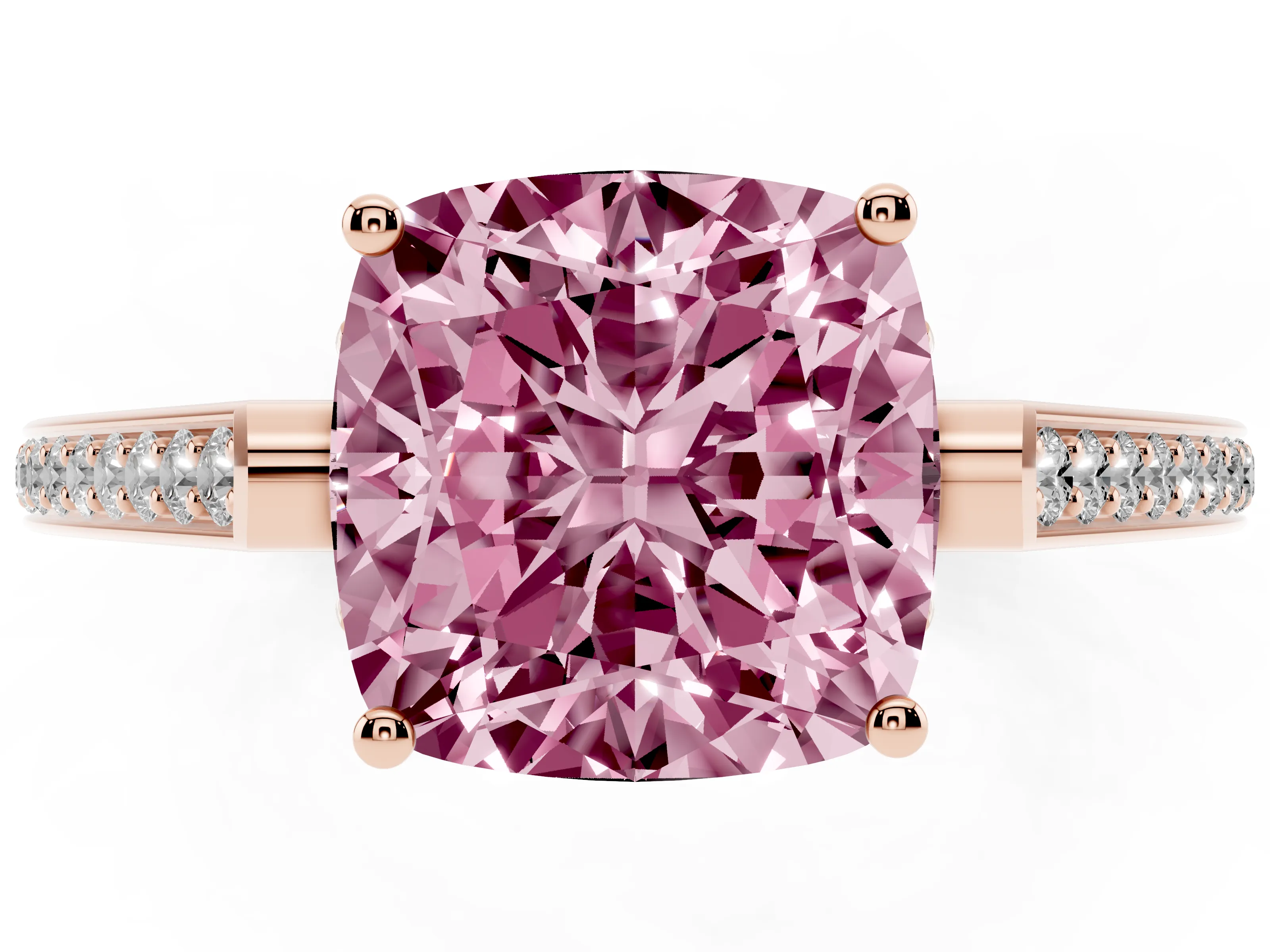 Fancy Pink Cushion Cut Diamond Cathedral Pavé Engagement Ring Set in Rose gold with Prong Setting