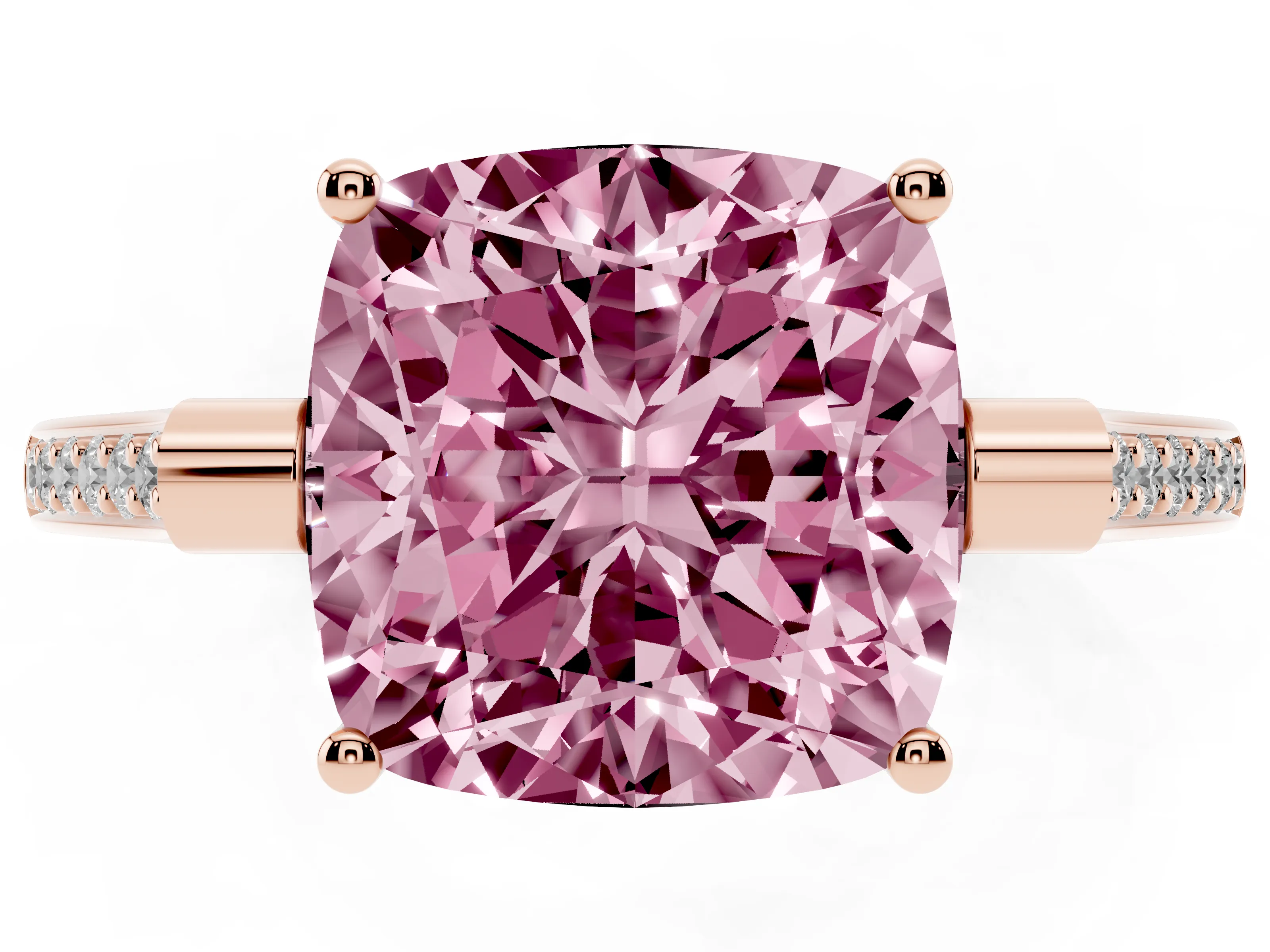 Fancy Pink Cushion Cut Diamond Solitaire Ring Set in Rose gold with Channel Set Band and Bezel Prong Setting