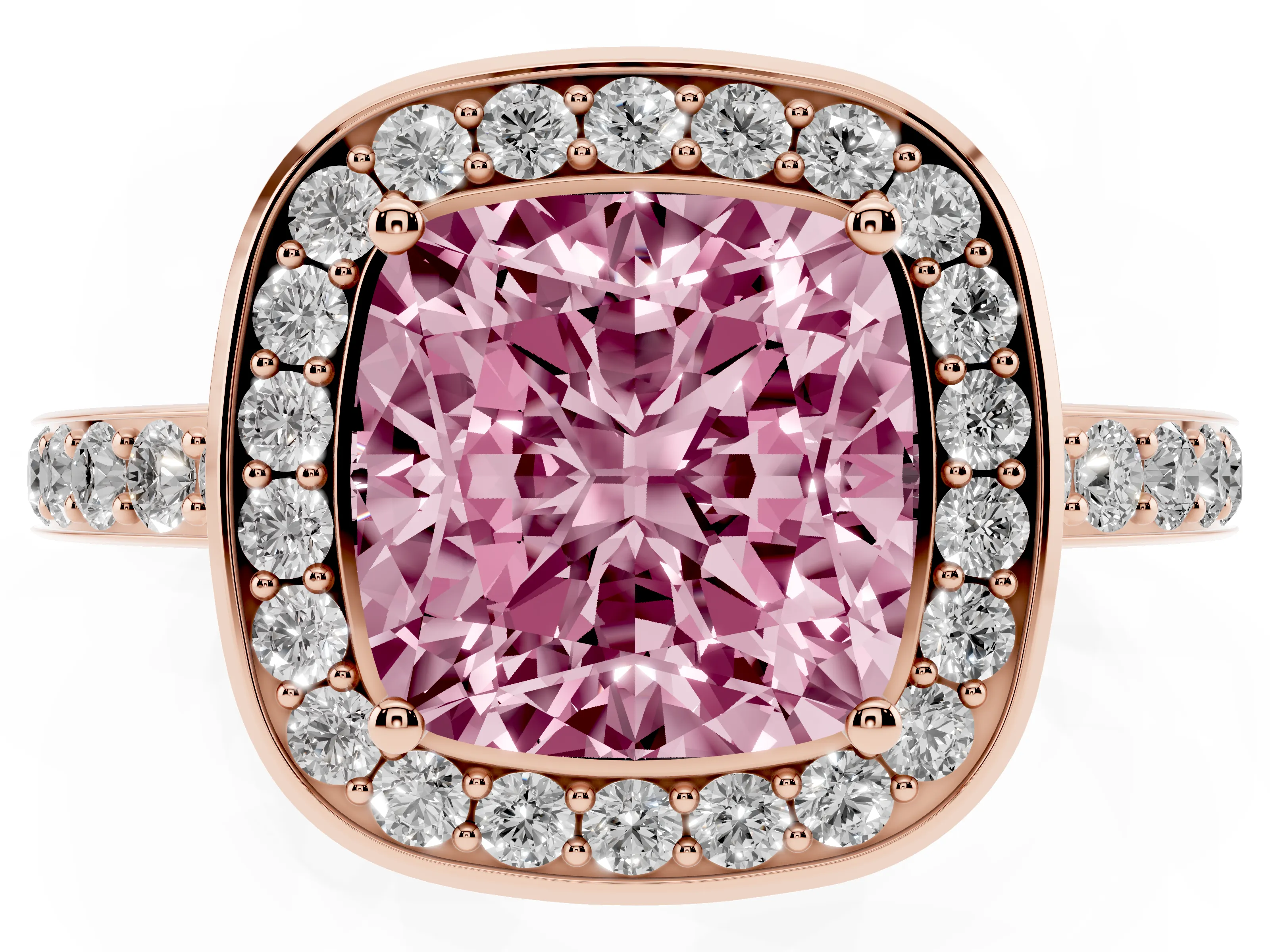 Fancy Pink Cushion Cut Diamond Halo Ring Set in Rose gold with Bezel Frame and Pavé Band