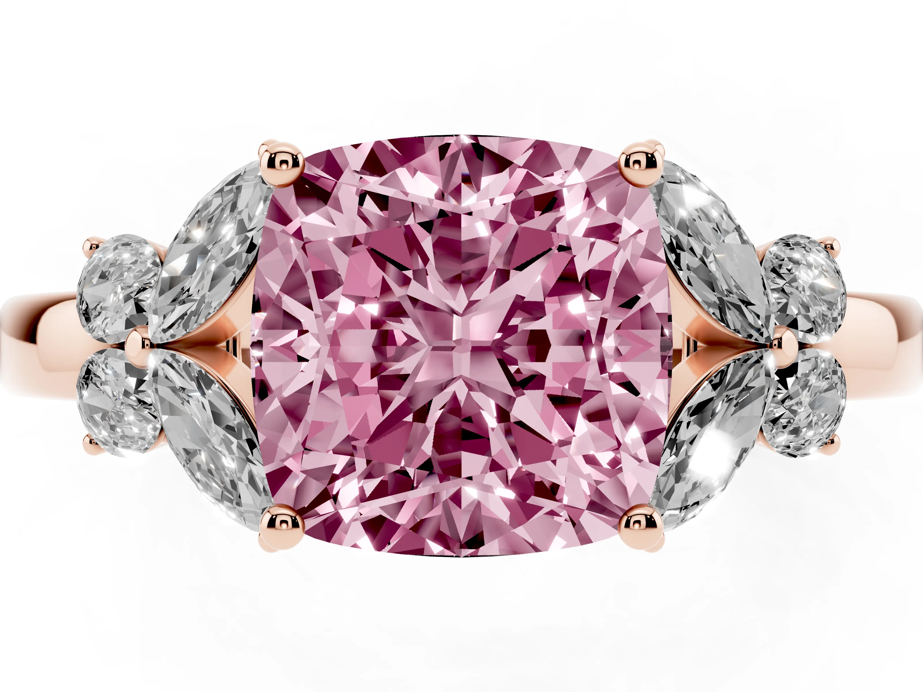 Fancy Pink Cushion Cut Diamond Solitaire Floral Ring Set in Rose gold with Marquise Petals and Prong Setting