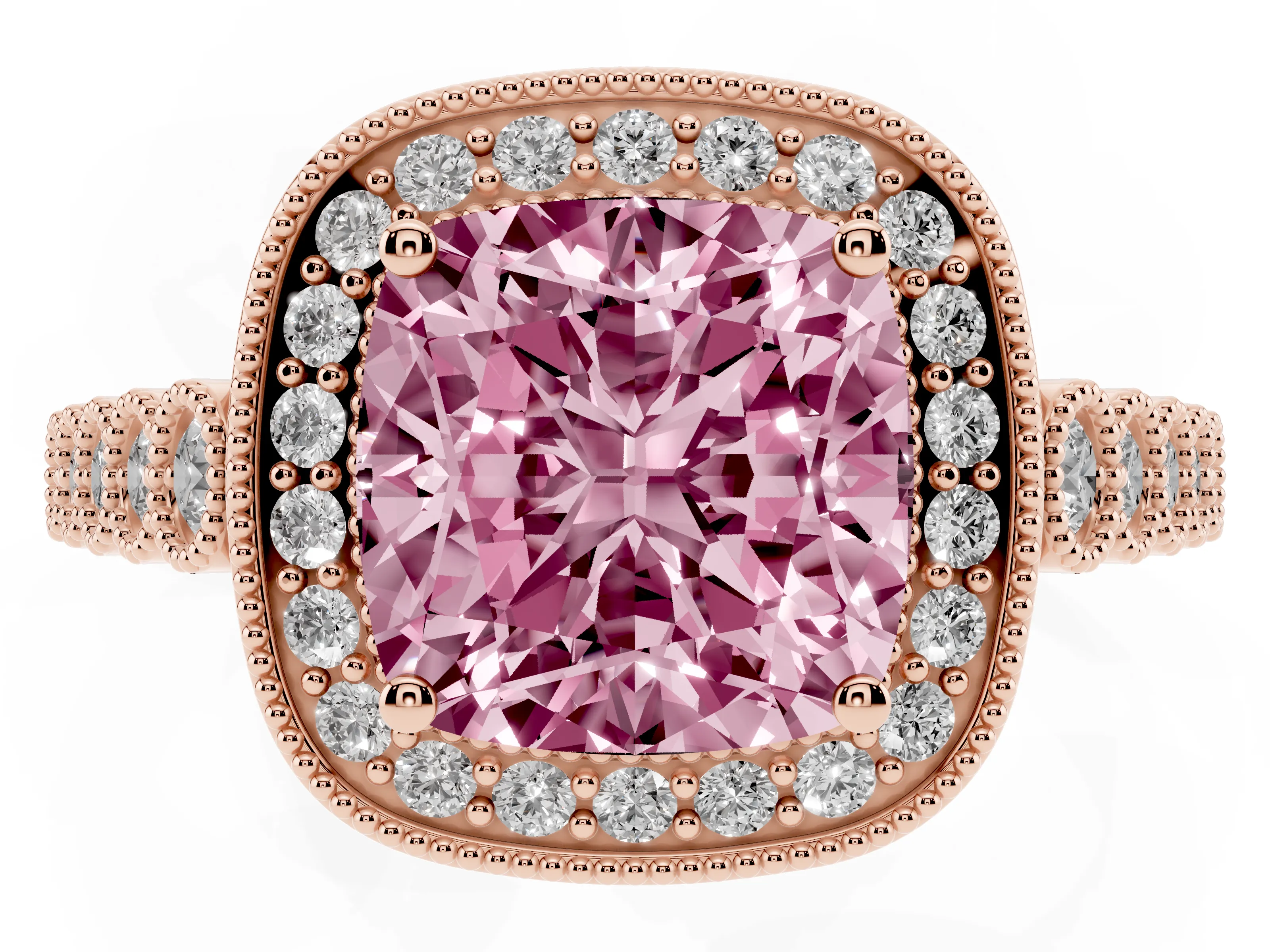 Fancy Pink Cushion Cut Diamond Milgrain Halo Solitaire Ring Set in Rose gold with Bezel Set Side Stones and Pavé Band