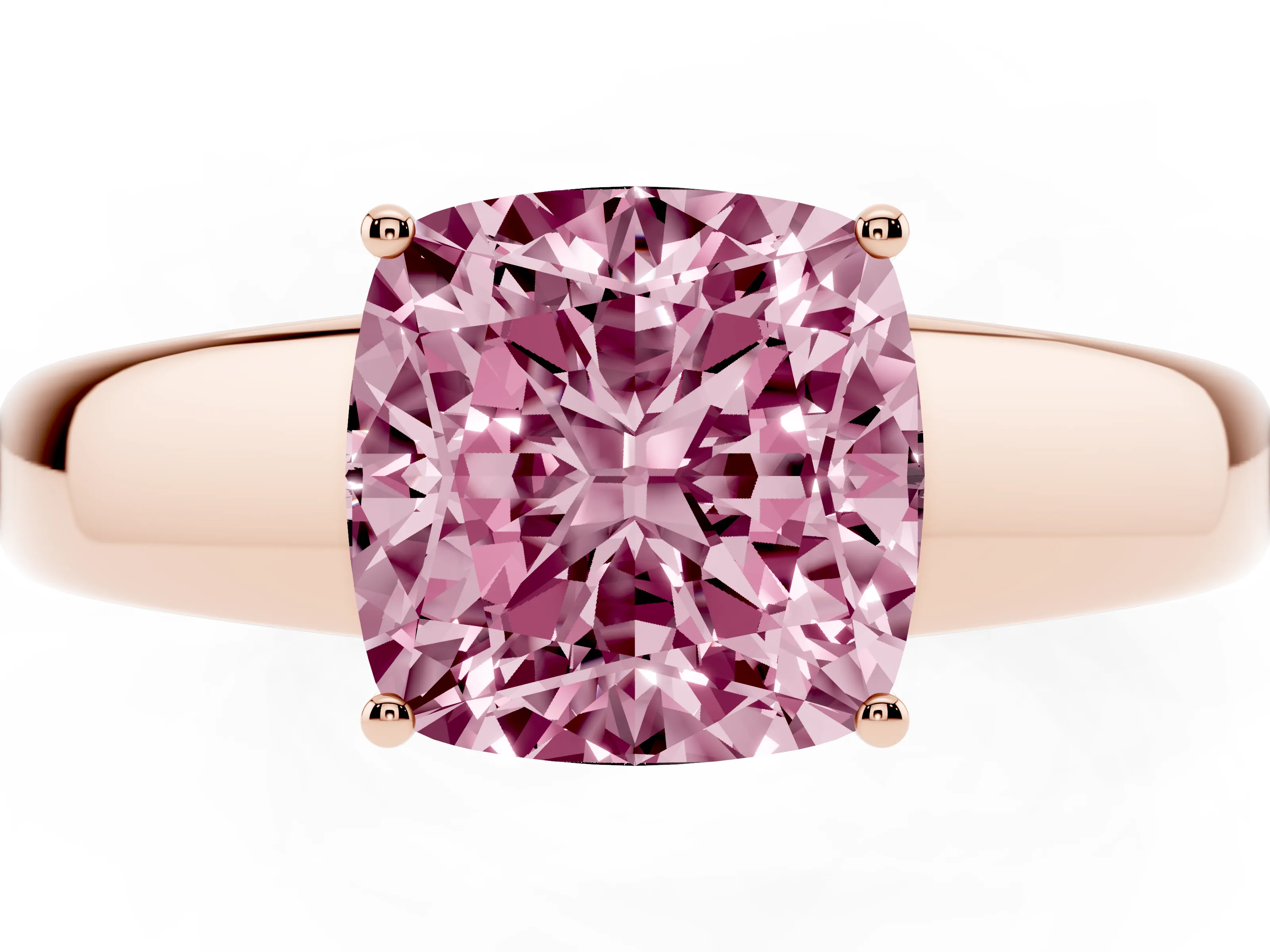 Fancy Pink Cushion Cut Diamond Solitaire Ring Set in Rose gold with Tapered Band and Prong Setting