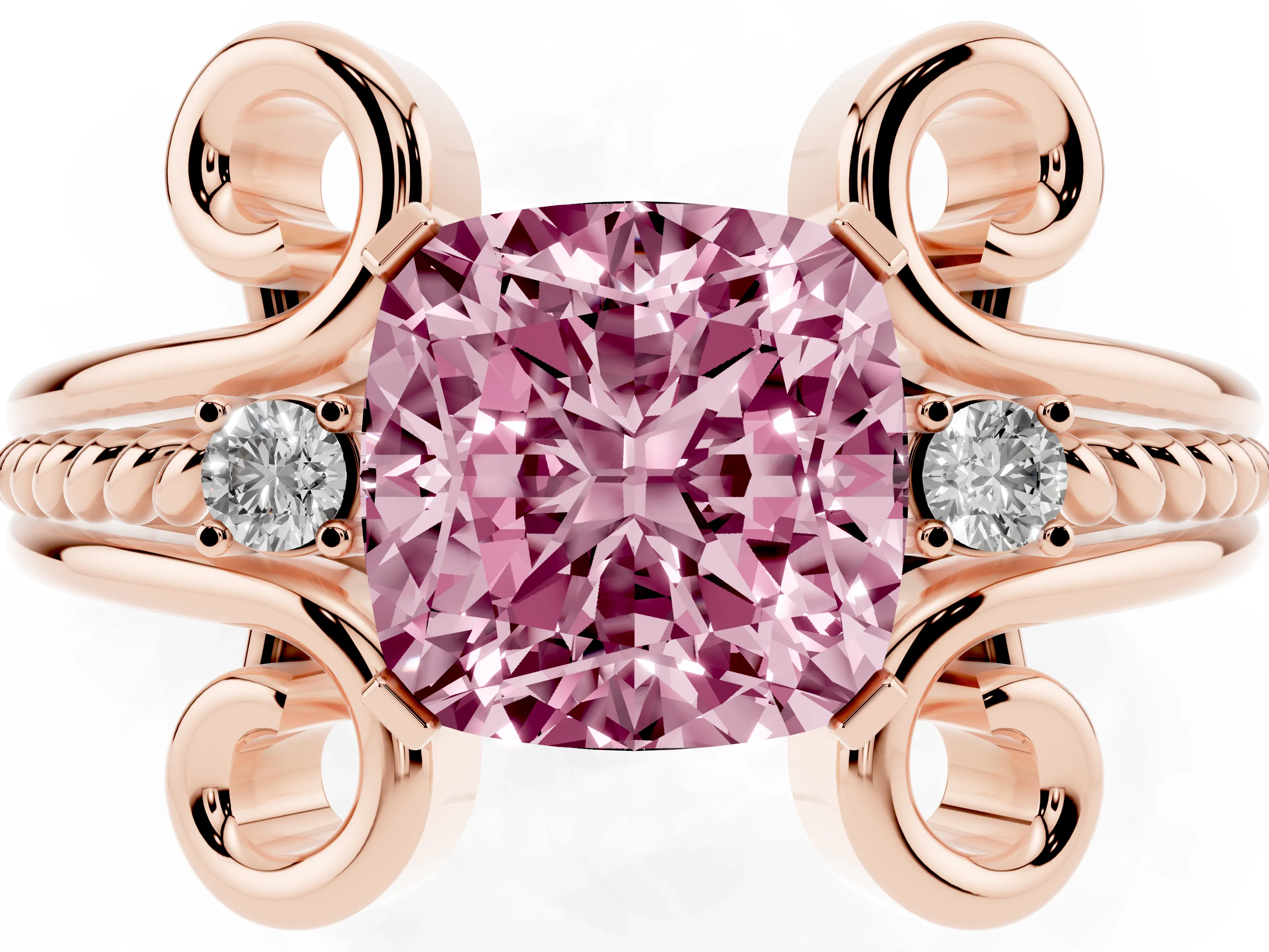 Fancy Pink Cushion Cut Diamond Twisted Band Solitaire Ring Set in Rose gold with Scroll Prongs