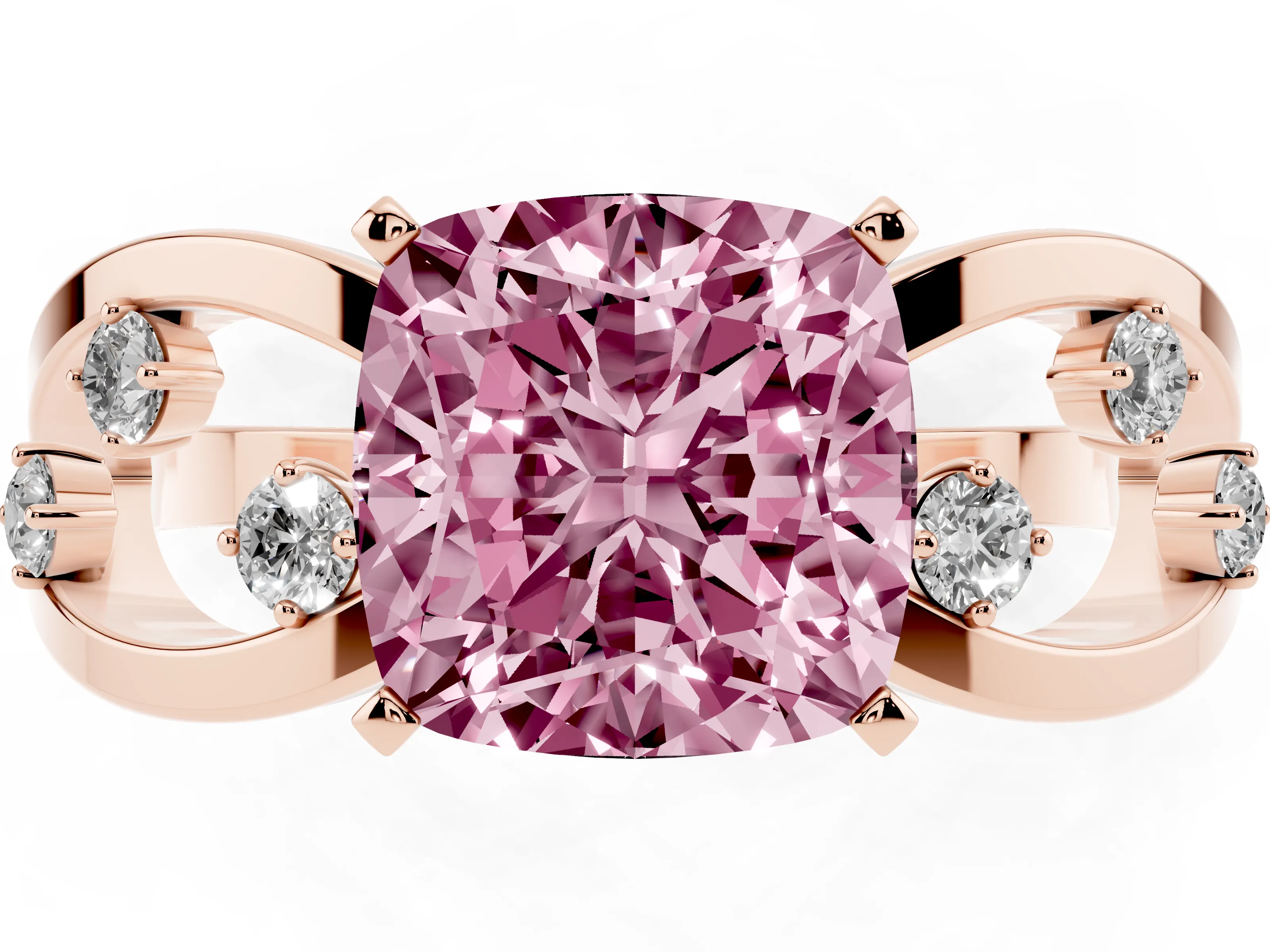 Fancy Pink Cushion Cut Diamond Solitaire Ring Set in Rose gold with Side Stones on Criss-Cross Band and Prong Setting