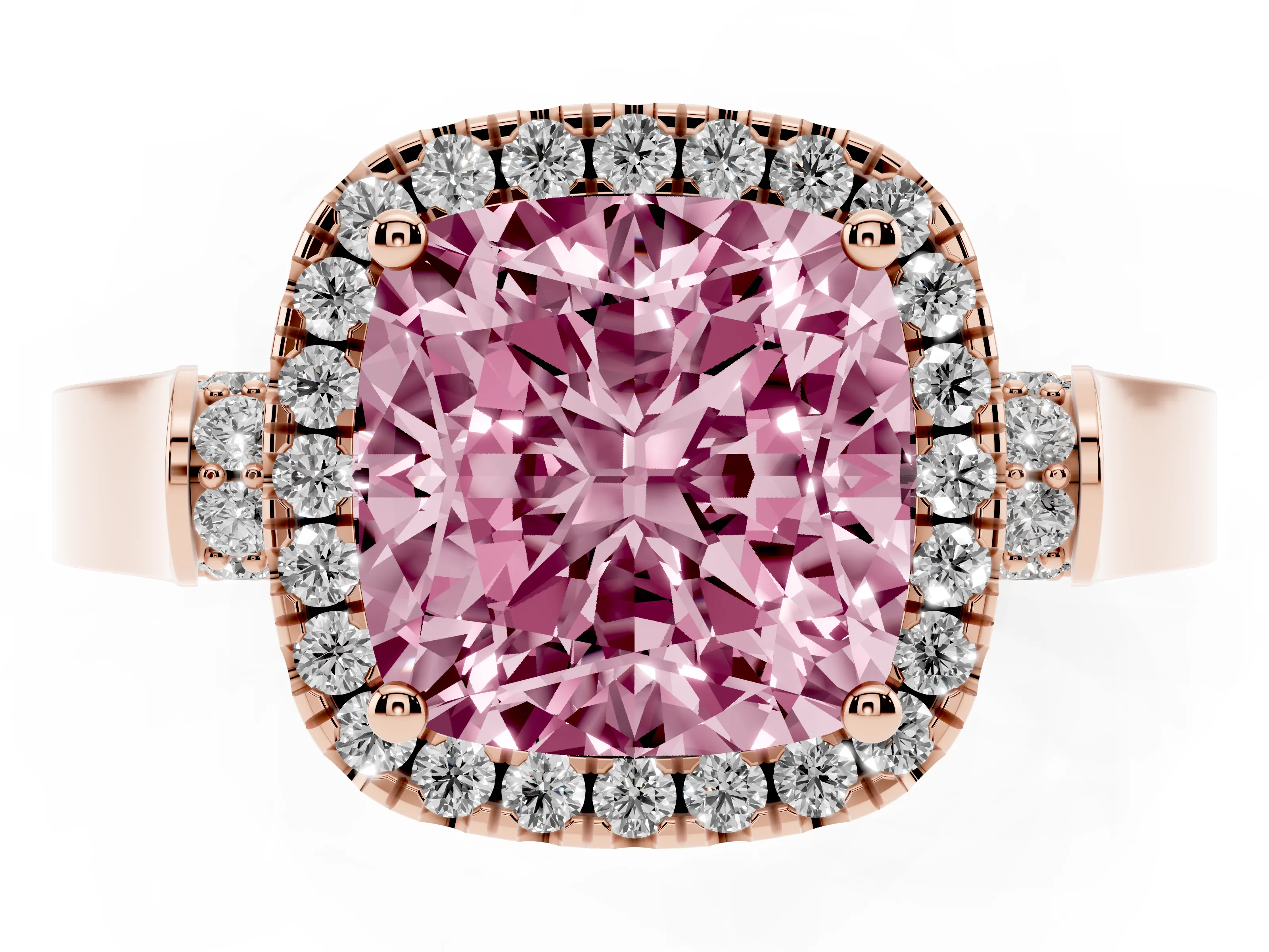 Fancy Pink Cushion Cut Diamond Halo Ring Set in Rose gold with Pavé-Lined Split Shank Band