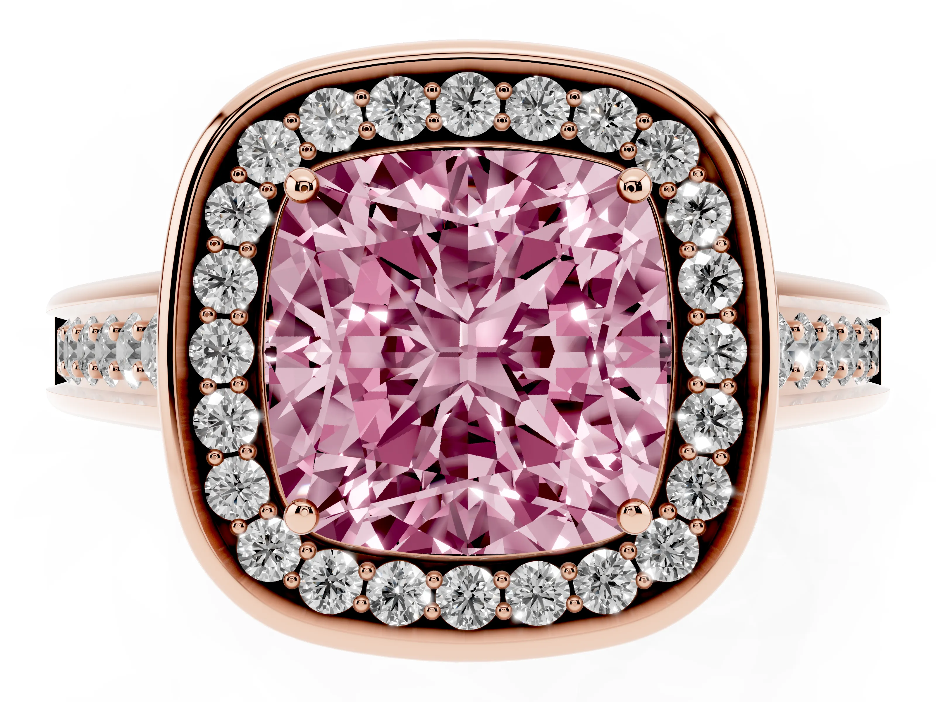 Fancy Pink Cushion Cut Diamond Halo Solitaire Ring Set in Rose gold with Pavé Band and Bezel Setting