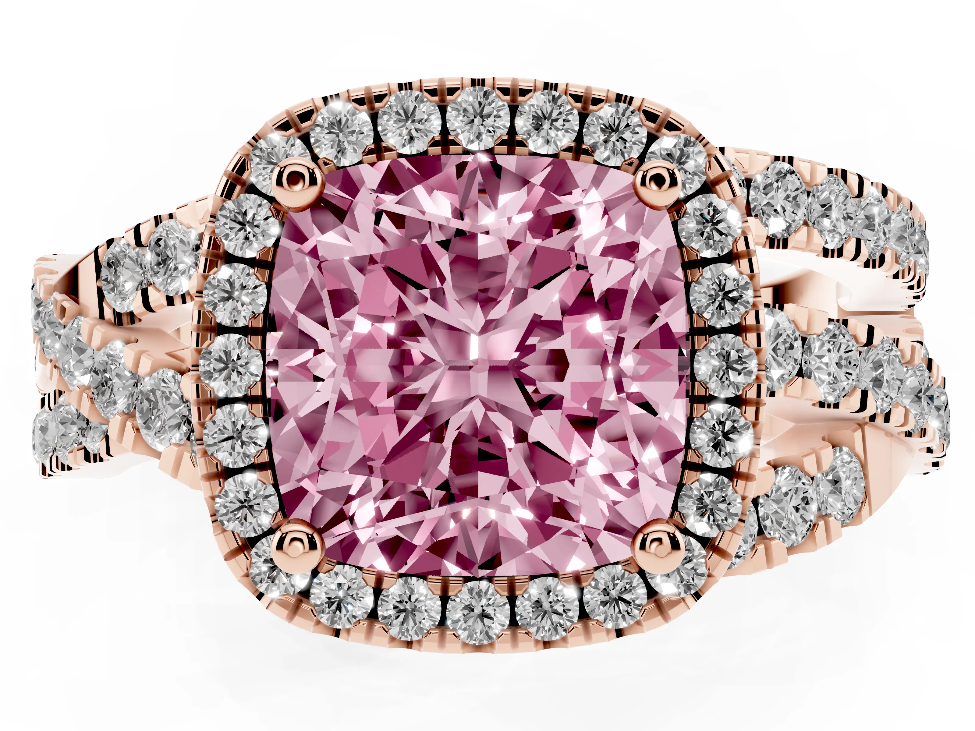 Fancy Pink Cushion Cut Diamond Halo Ring Set in Rose gold with Round Crossover Split Shank and Prong Setting