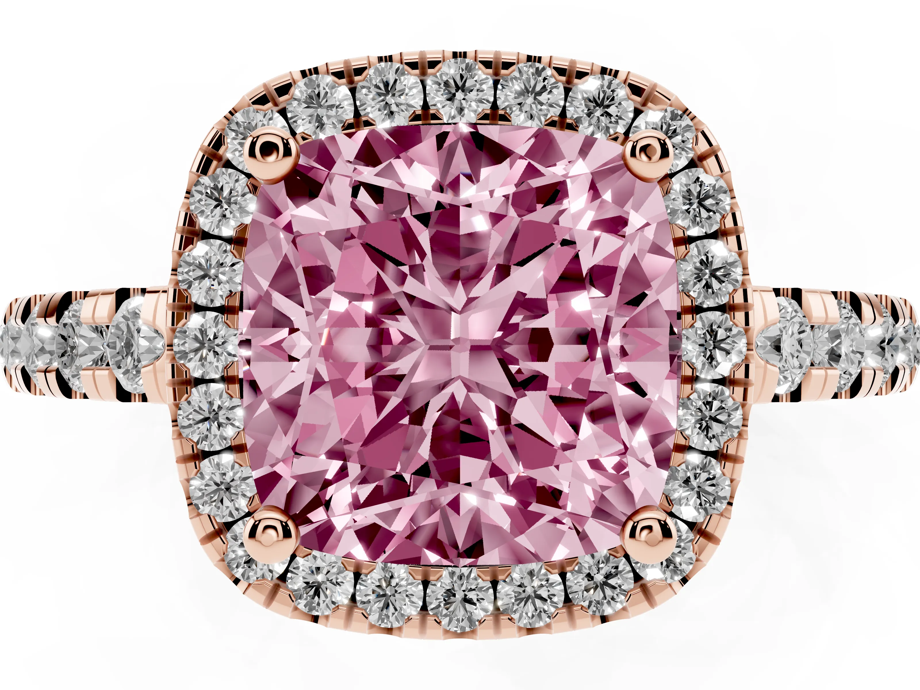 Fancy Pink Cushion Cut Diamond Halo Ring Set in Rose gold with Delicate Pavé Band and Prong Setting