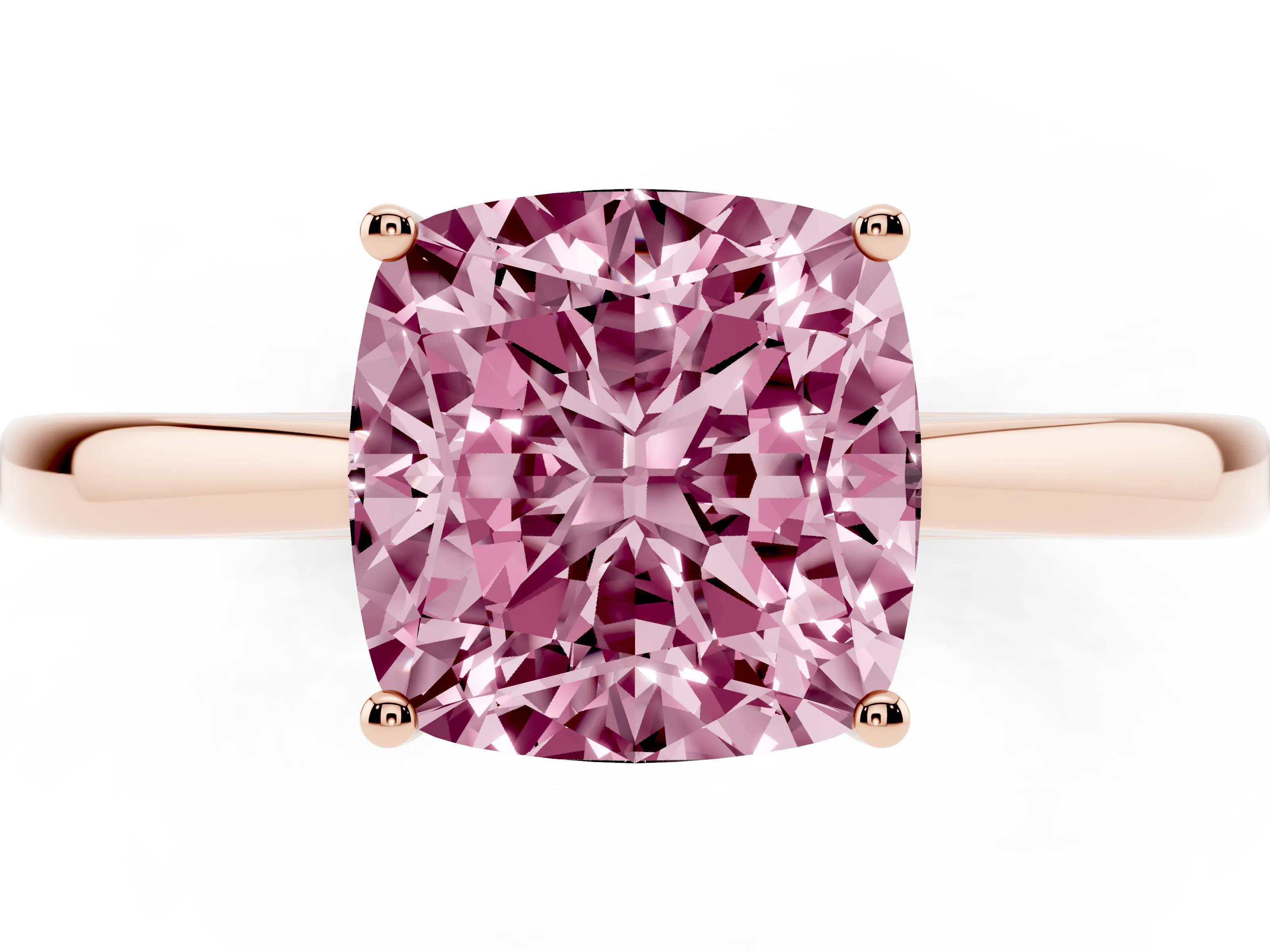 Fancy Pink Cushion Cut Diamond Solitaire Ring Set in Rose gold with Split Shank and Prong Setting