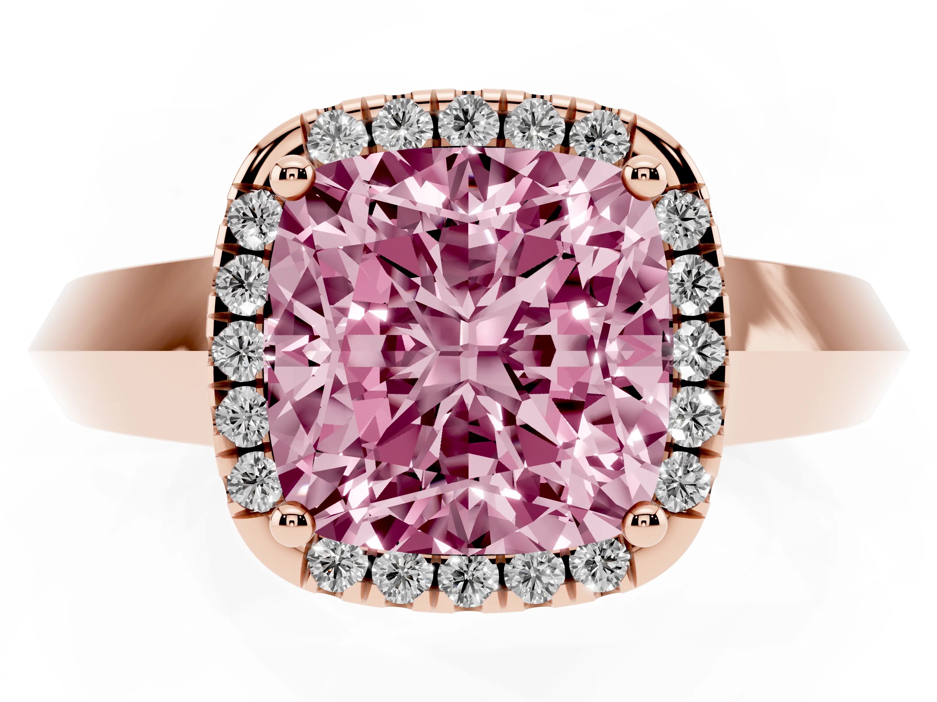 Fancy Pink Cushion Cut Diamond Halo Ring Set in Rose gold with Cathedral Band and Prong Setting
