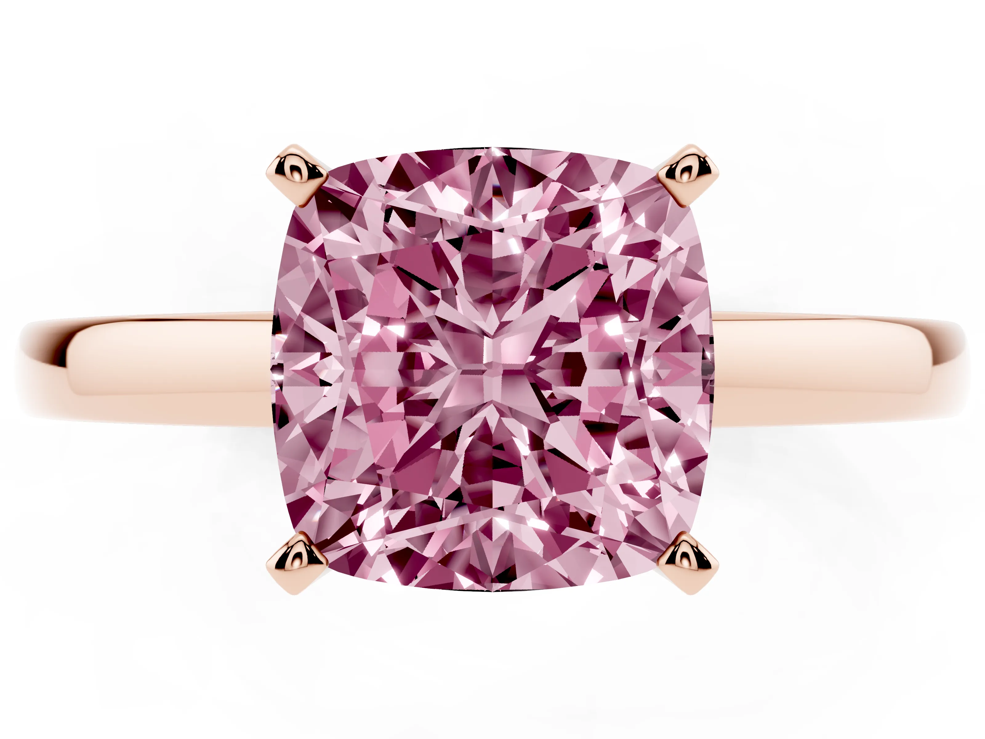 Fancy Pink Cushion Cut Diamond Solitaire Engagement Ring Set in Rose gold with Prong Setting on a Classic Band