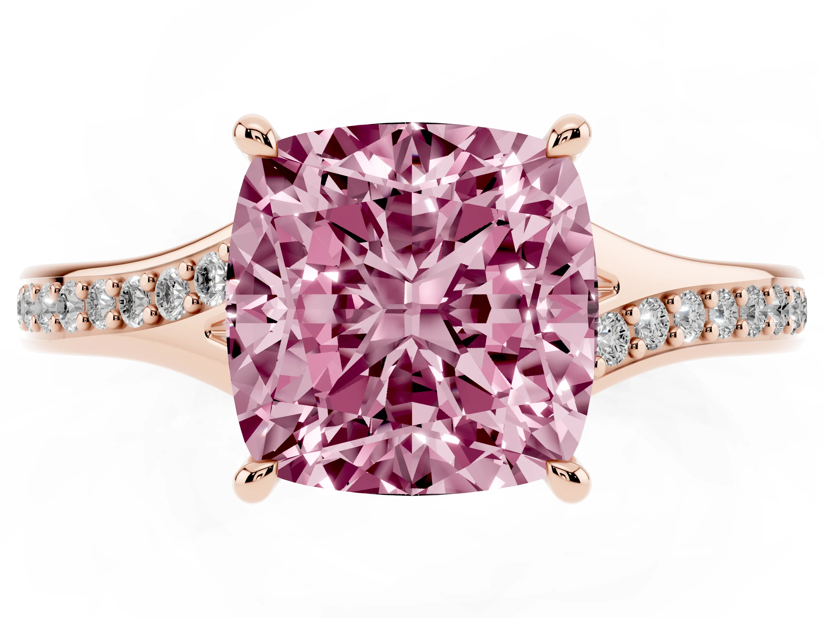 Fancy Pink Cushion Cut Diamond Solitaire Ring Set in Rose gold with Pavé Accent Band and Classic Prong Setting