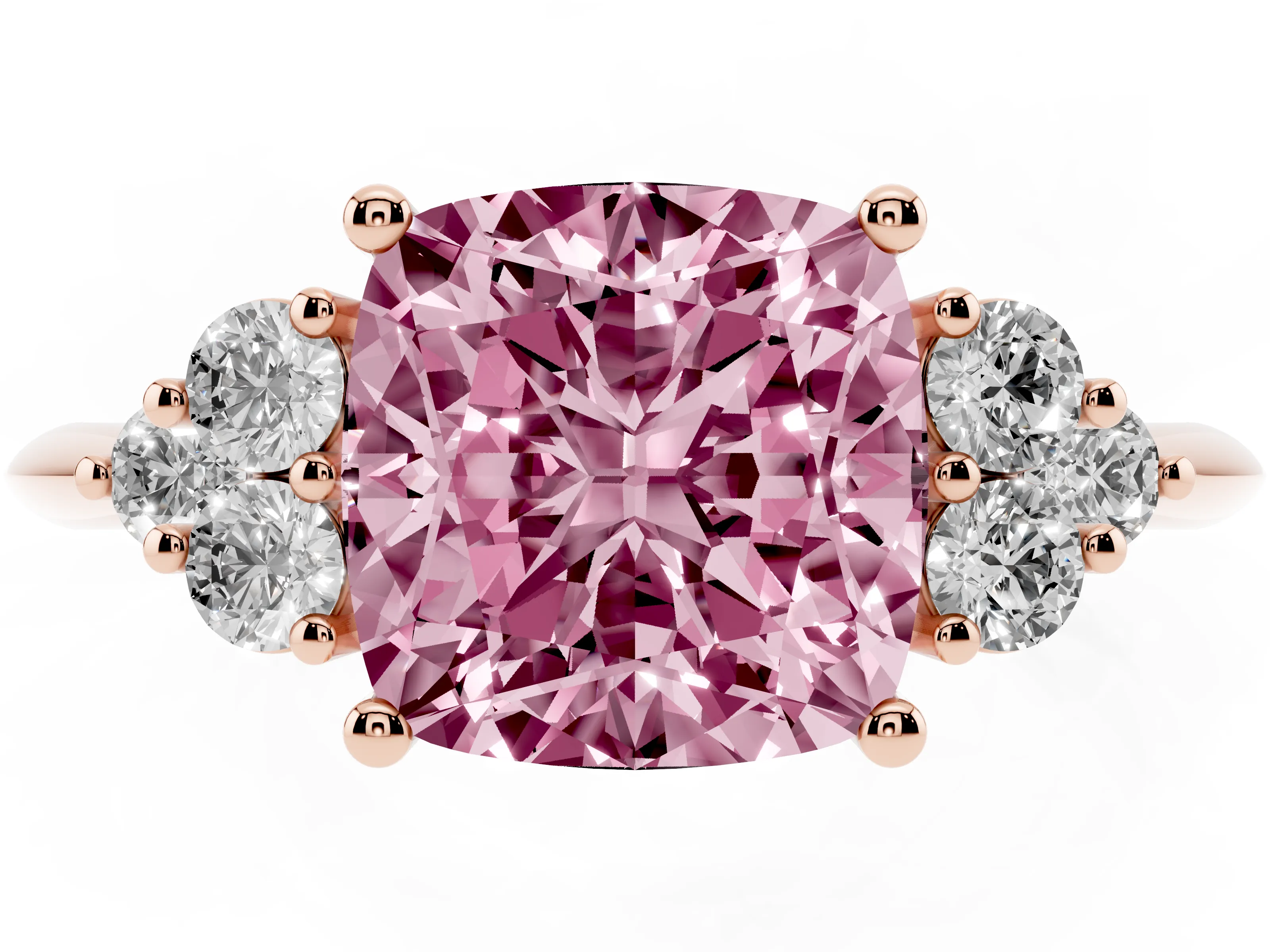Fancy Pink Cushion Cut Diamond Cluster Ring Set in Rose gold with Plain Band and Prong Setting