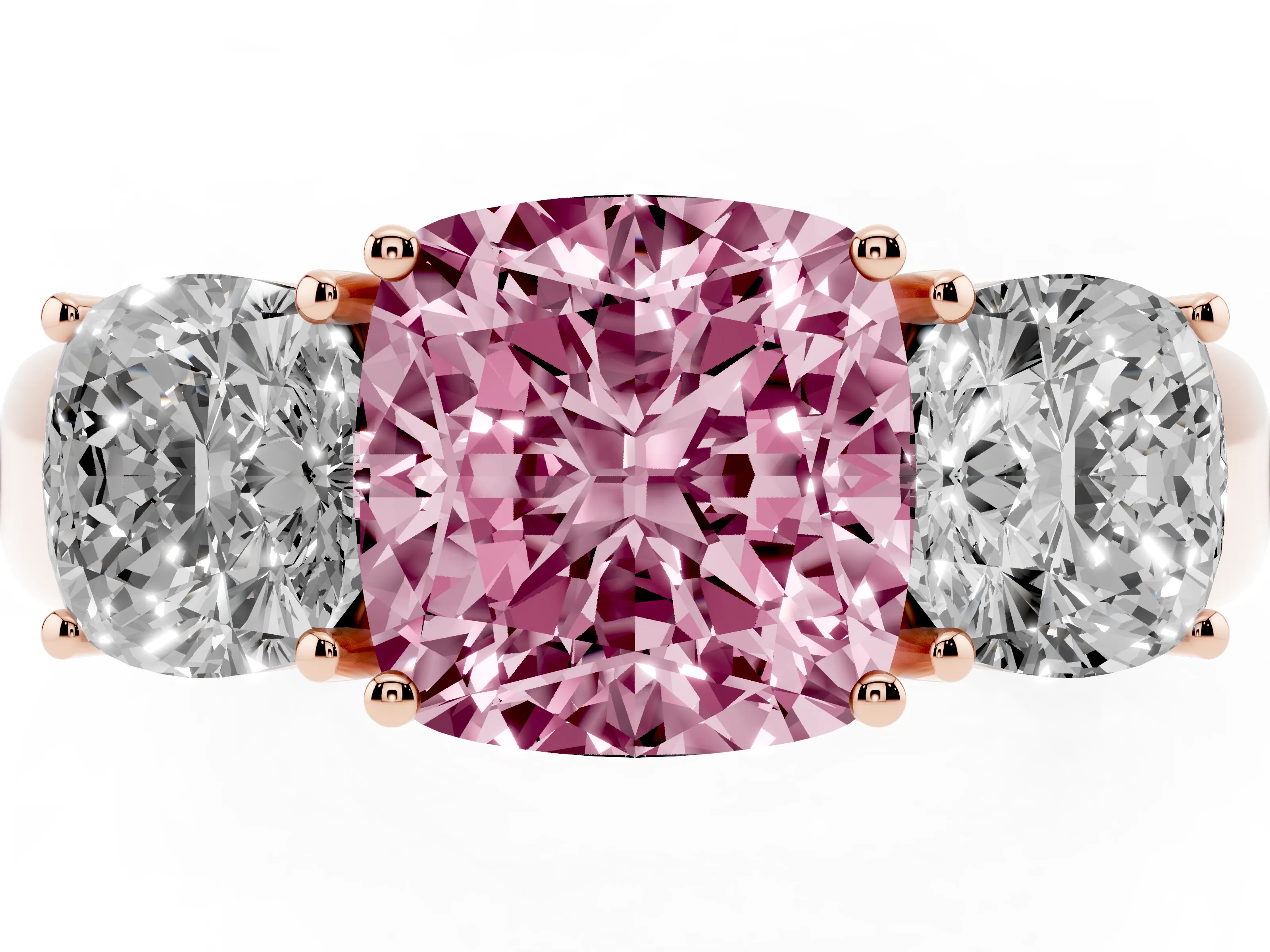Fancy Pink Three-Stone Cushion Cut Diamond Ring Set in Rose gold with Matching Prong Settings and Plain Band