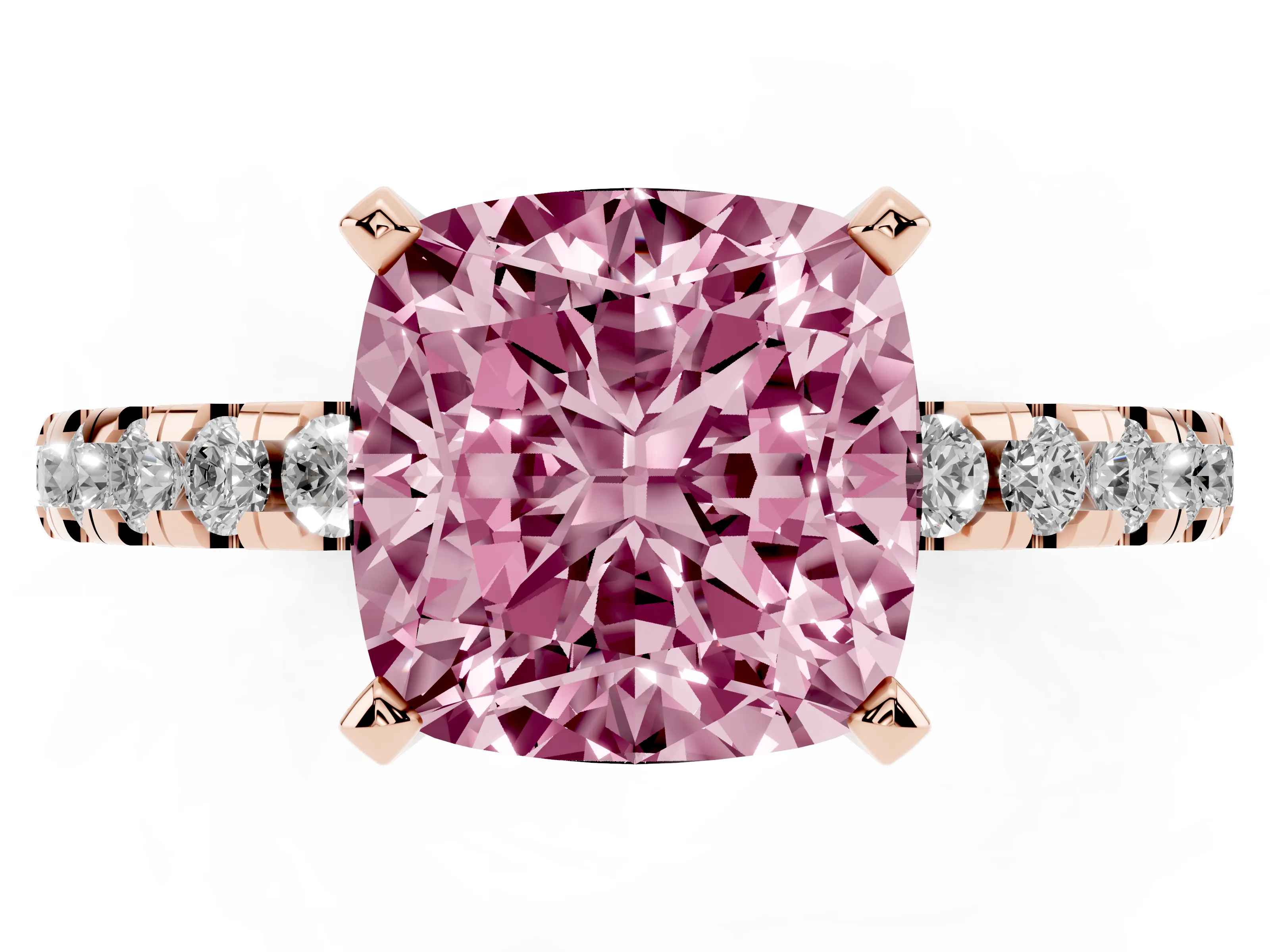 Fancy Pink Cushion Cut Diamond Pavé Solitaire Ring Set in Rose gold with Round Band Accents and Prong Setting