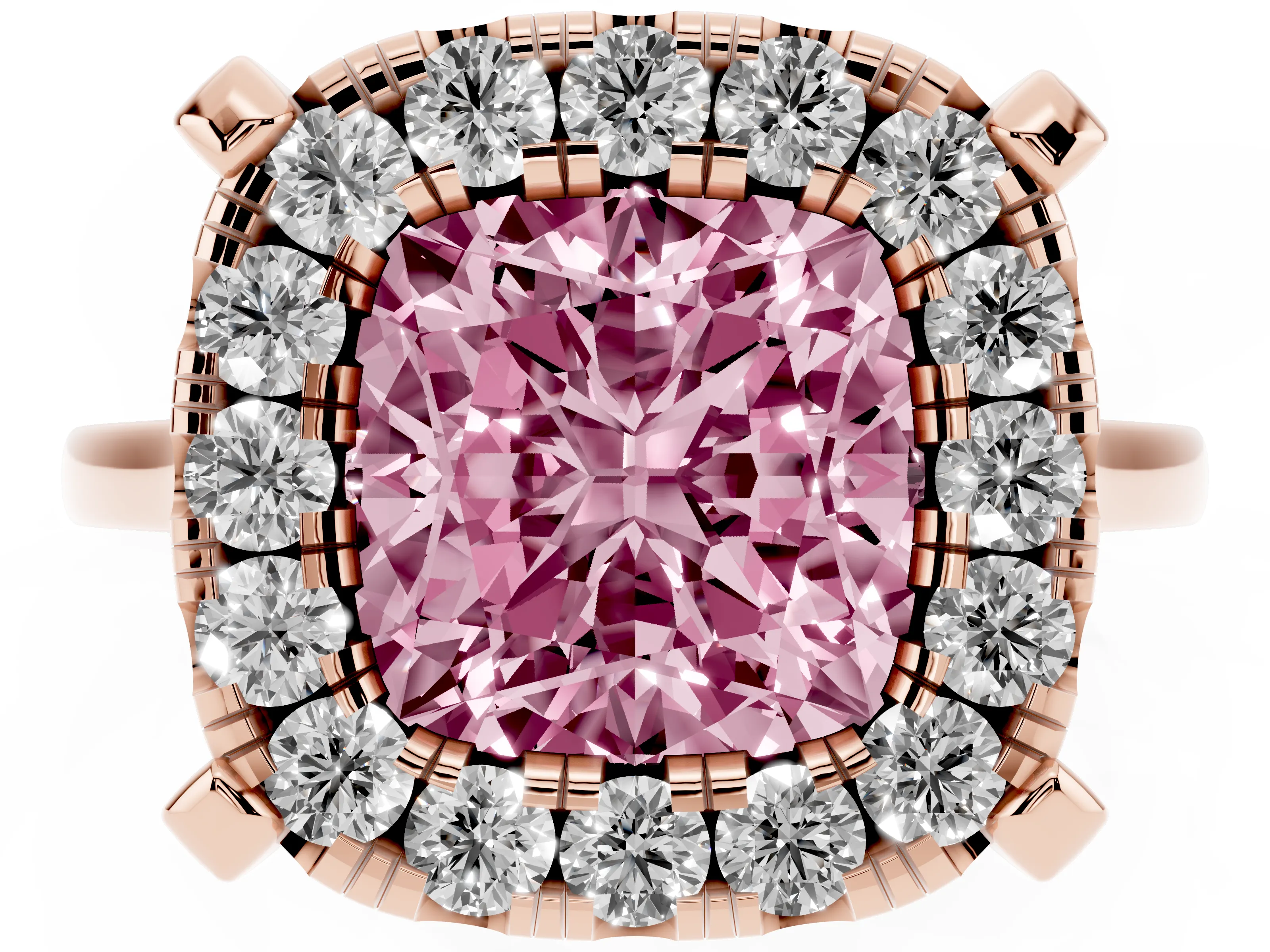 Fancy Pink Cushion Cut Diamond Cluster Halo Solitaire Ring Set in Rose gold with Prong Setting