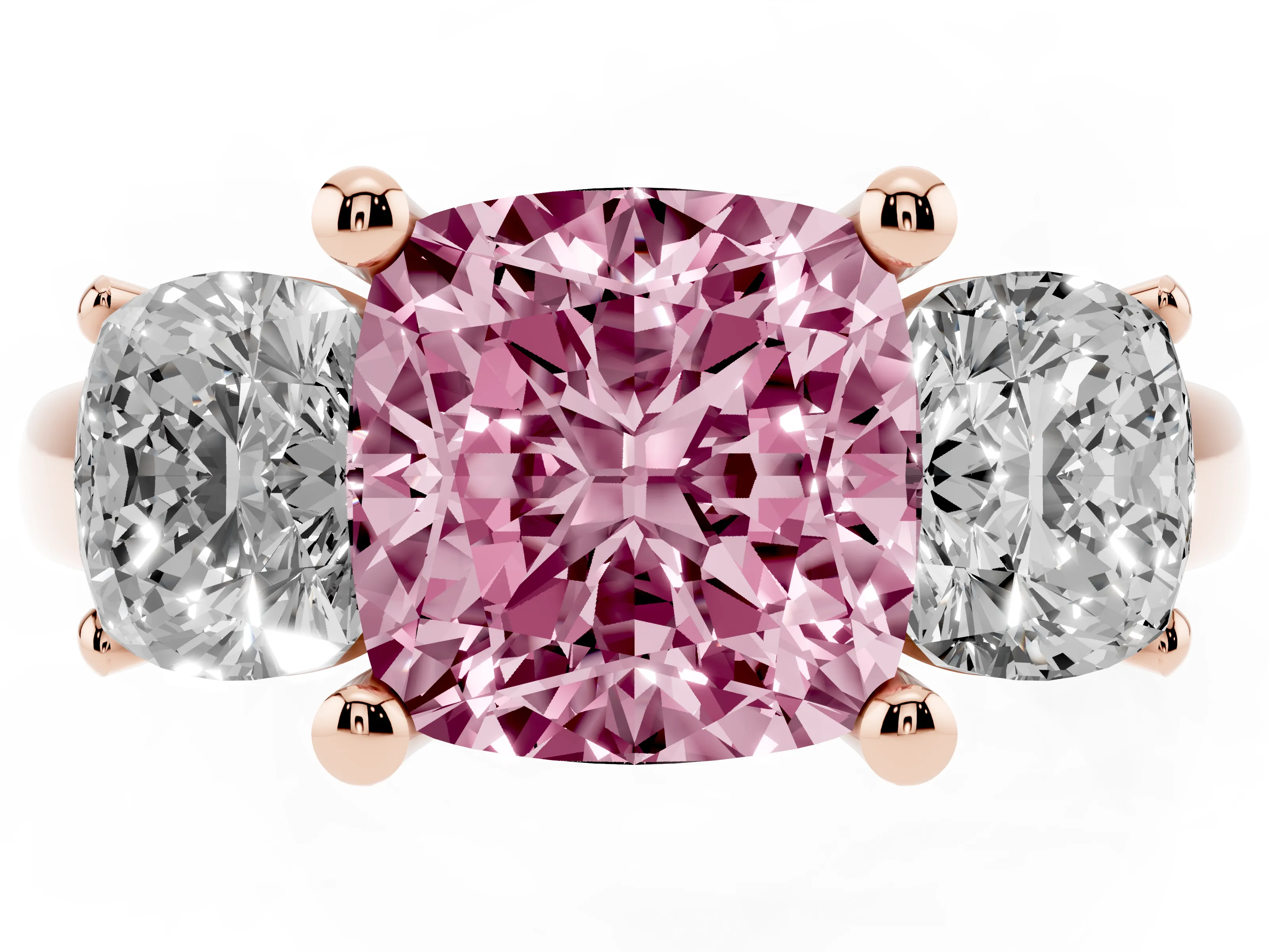 Fancy Pink Cushion Cut Diamond Three-Stone Ring Set in Rose gold with Classic Prong Setting and Plain Band