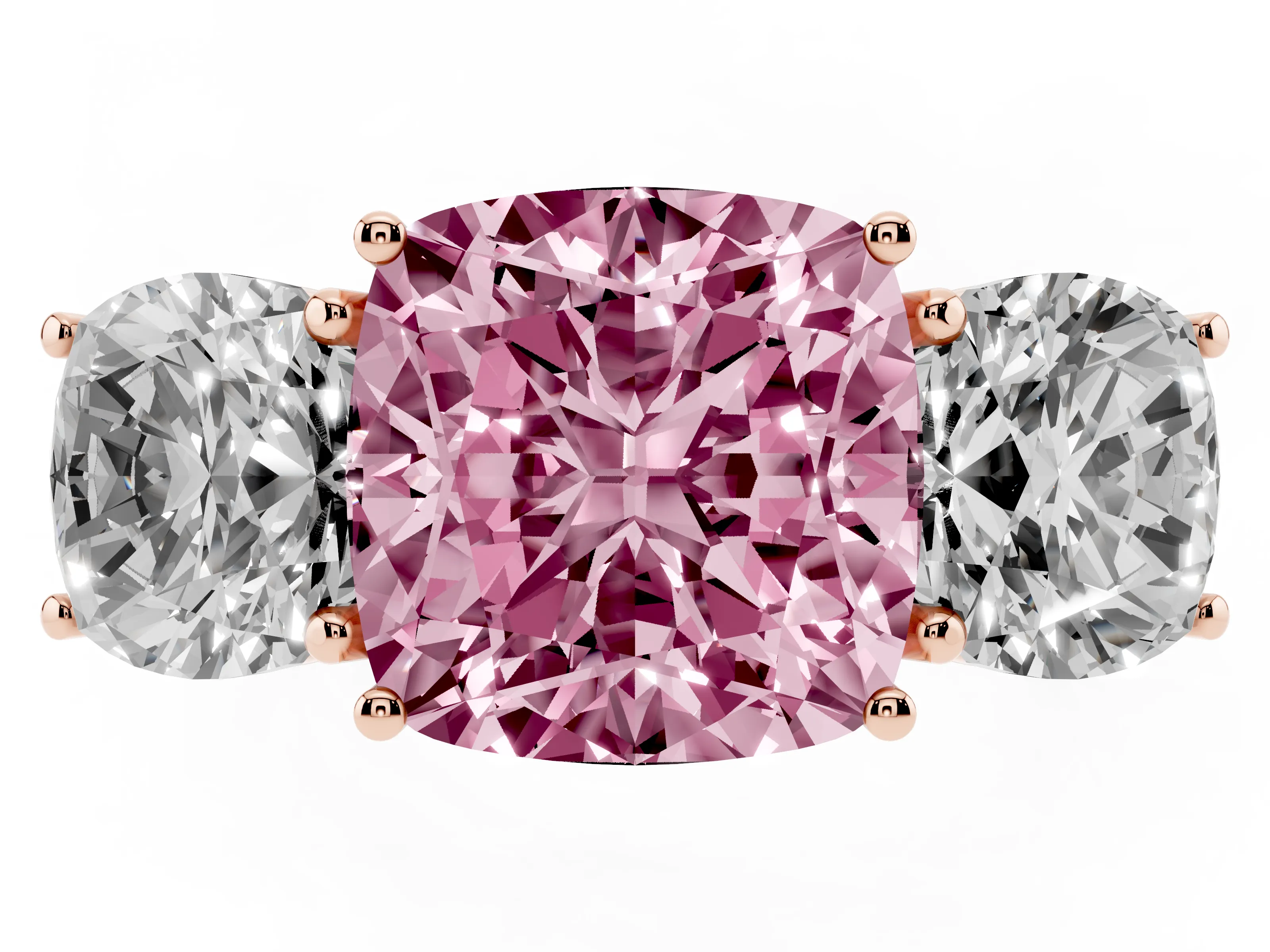 Fancy Pink Cushion Cut Diamond Three-Stone Ring Set in Rose gold with Braided Band