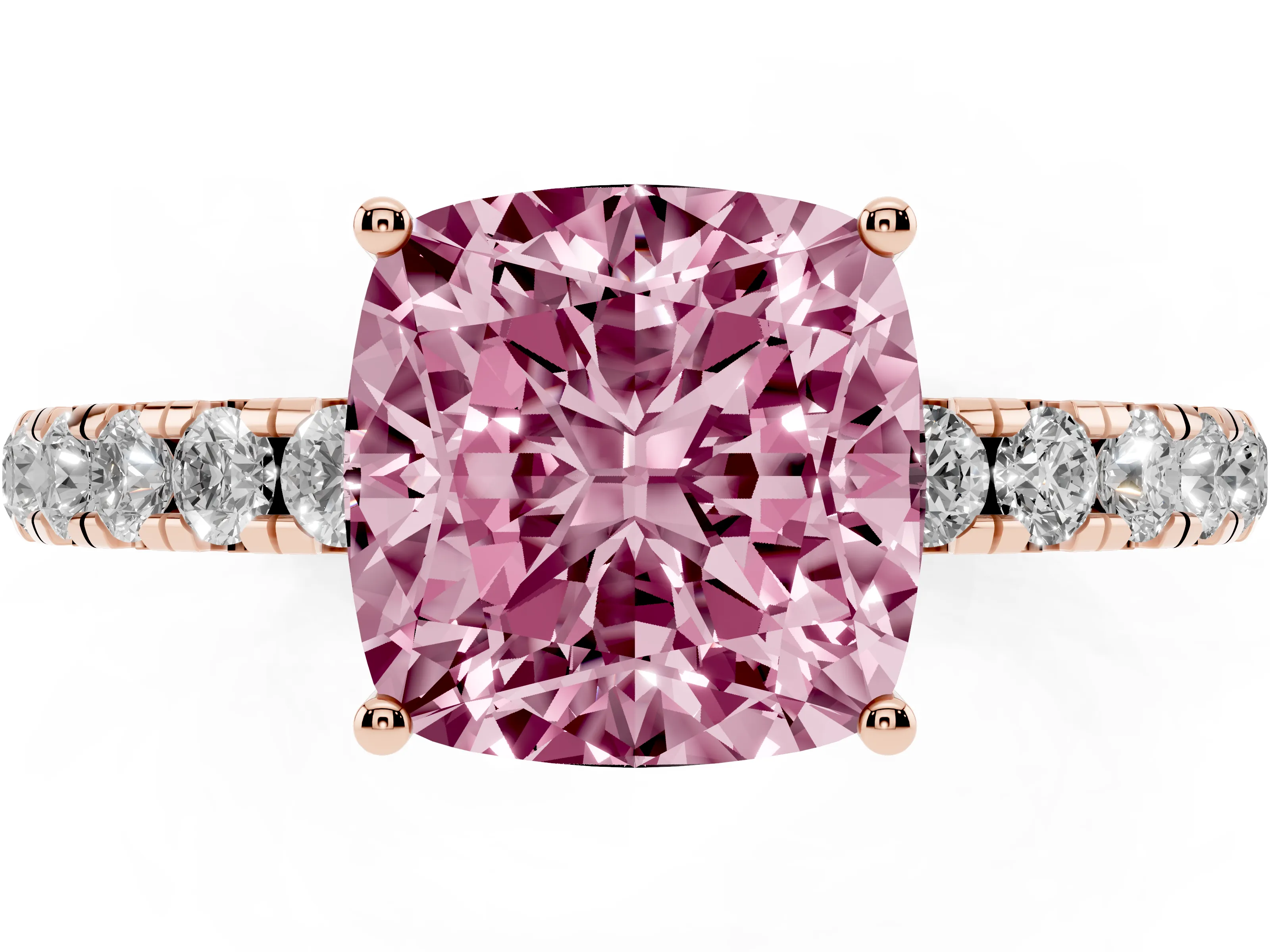 Fancy Pink Cushion Cut Diamond Pavé Solitaire Engagement Ring Set in Rose gold with Prong Setting