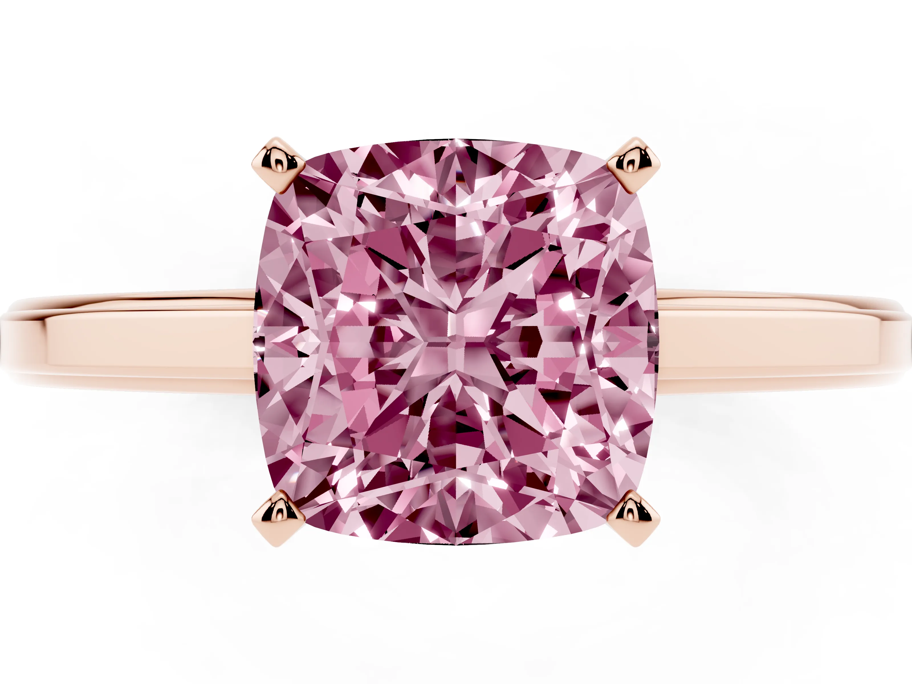 Fancy Pink Cushion Cut Diamond Solitaire Ring Set in Rose gold with Prong Setting and Classic Band