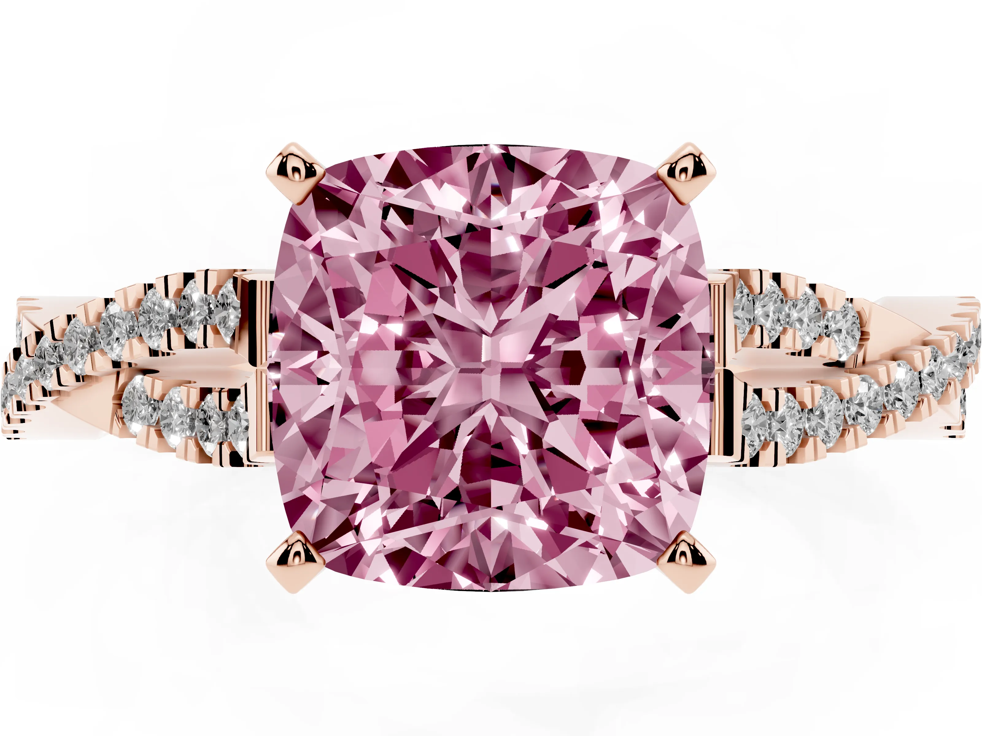 Fancy Pink Cushion Cut Diamond Solitaire Engagement Ring Set in Rose gold with Twisted Pavé Band and Prong Setting
