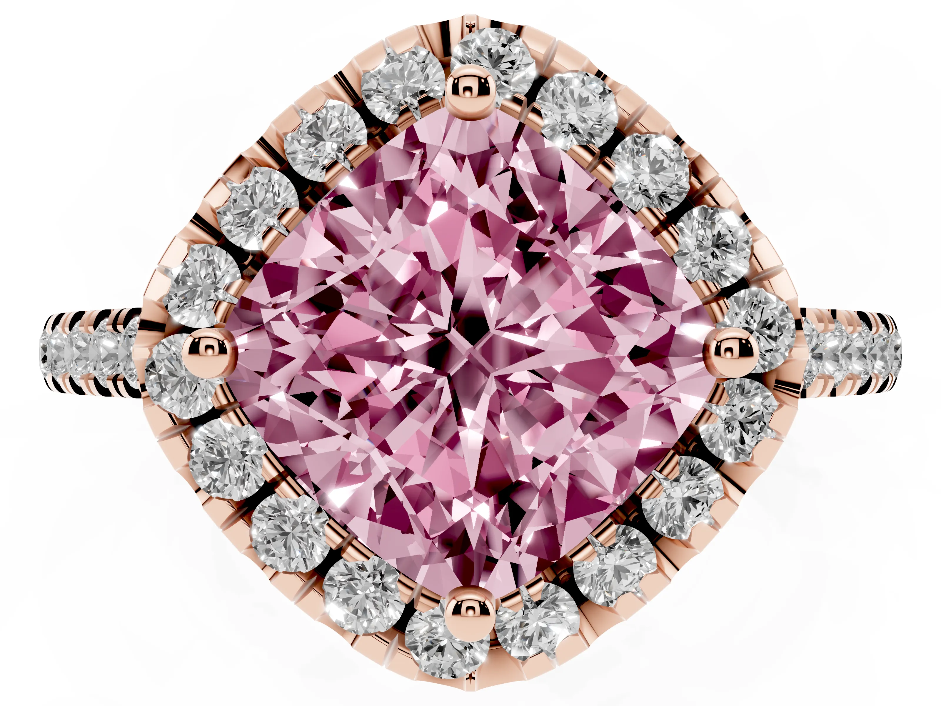 Fancy Pink Cushion Cut Diamond Cushion Halo Ring Set in Rose gold with Pavé Band