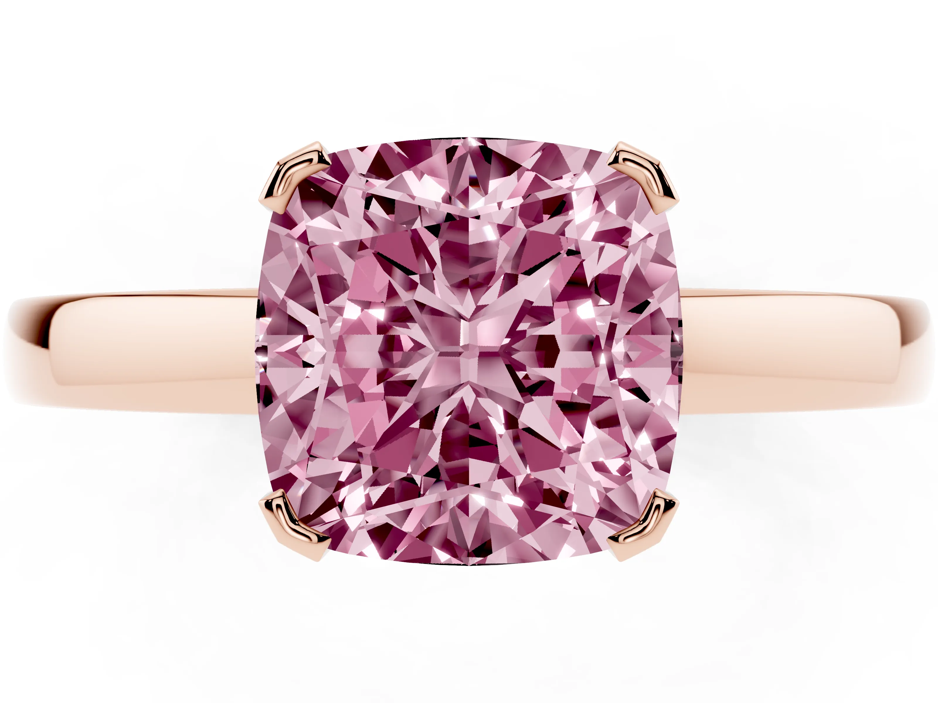 Fancy Pink Cushion Cut Diamond Solitaire Ring Set in Rose gold with Prong Head and Smooth Polished Band