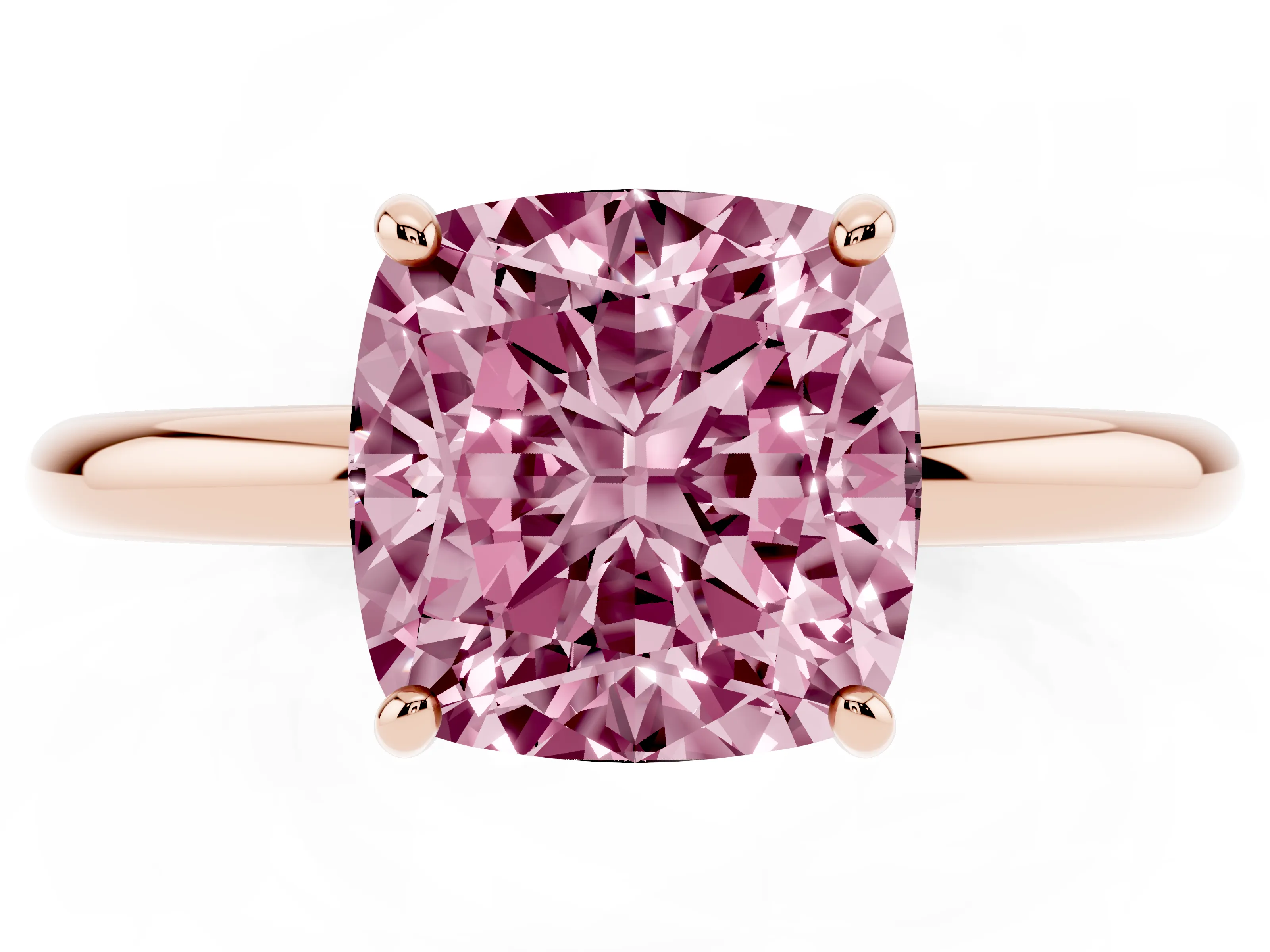 Fancy Pink Cushion Cut Diamond Solitaire Ring Set in Rose gold with Prong Setting on a Polished Plain Band