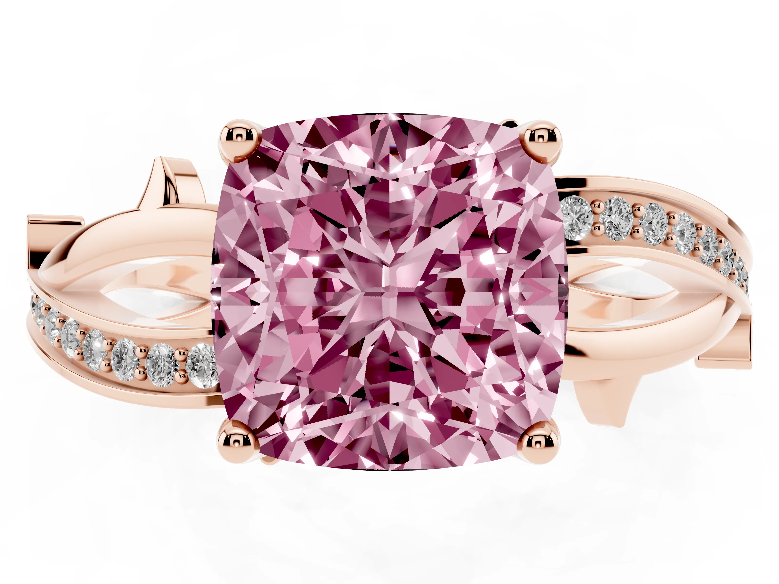 Fancy Pink Cushion Cut Diamond Pavé Twist Band Solitaire Ring Set in Rose gold with Prong Setting