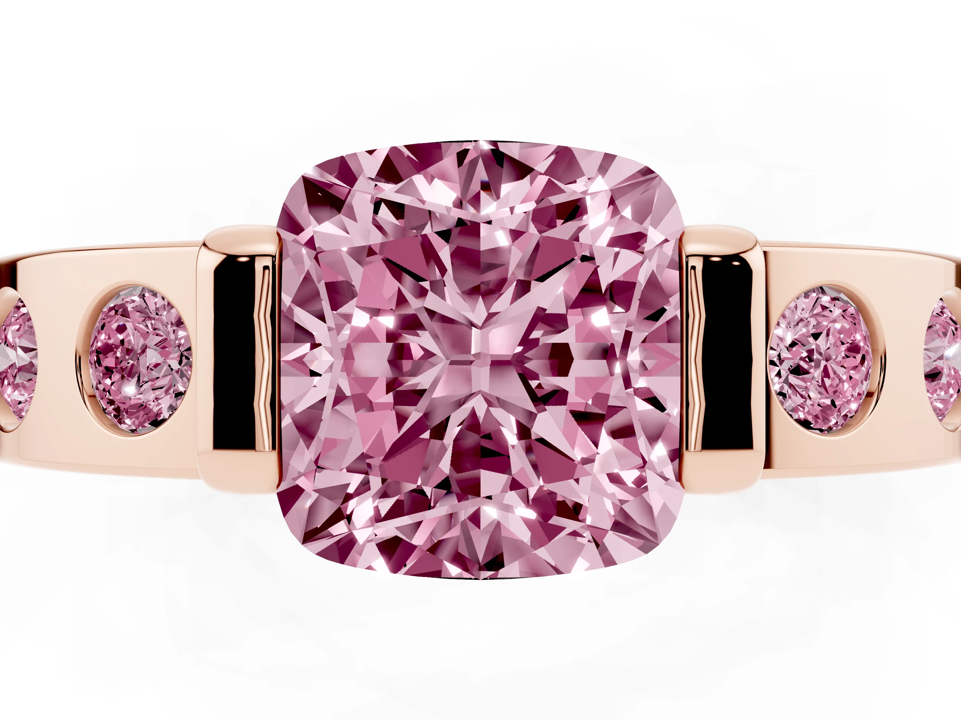 Fancy Pink Cushion Cut Diamond Channel-Set Band Ring Set in Rose gold with Bezel Prong Setting