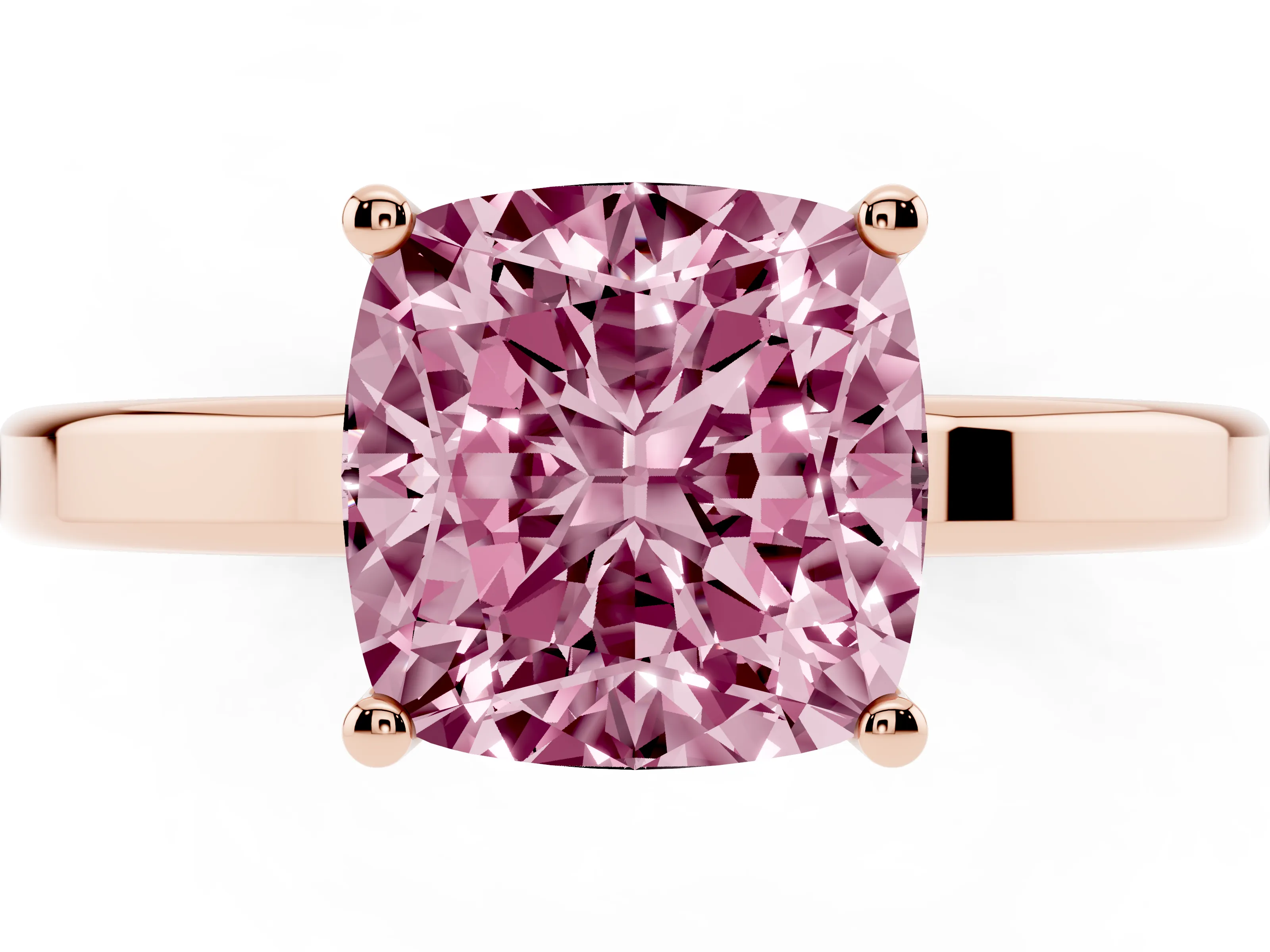 Fancy Pink Cushion Cut Diamond Solitaire Engagement Ring Set in Rose gold with Prong Setting on a Plain Band