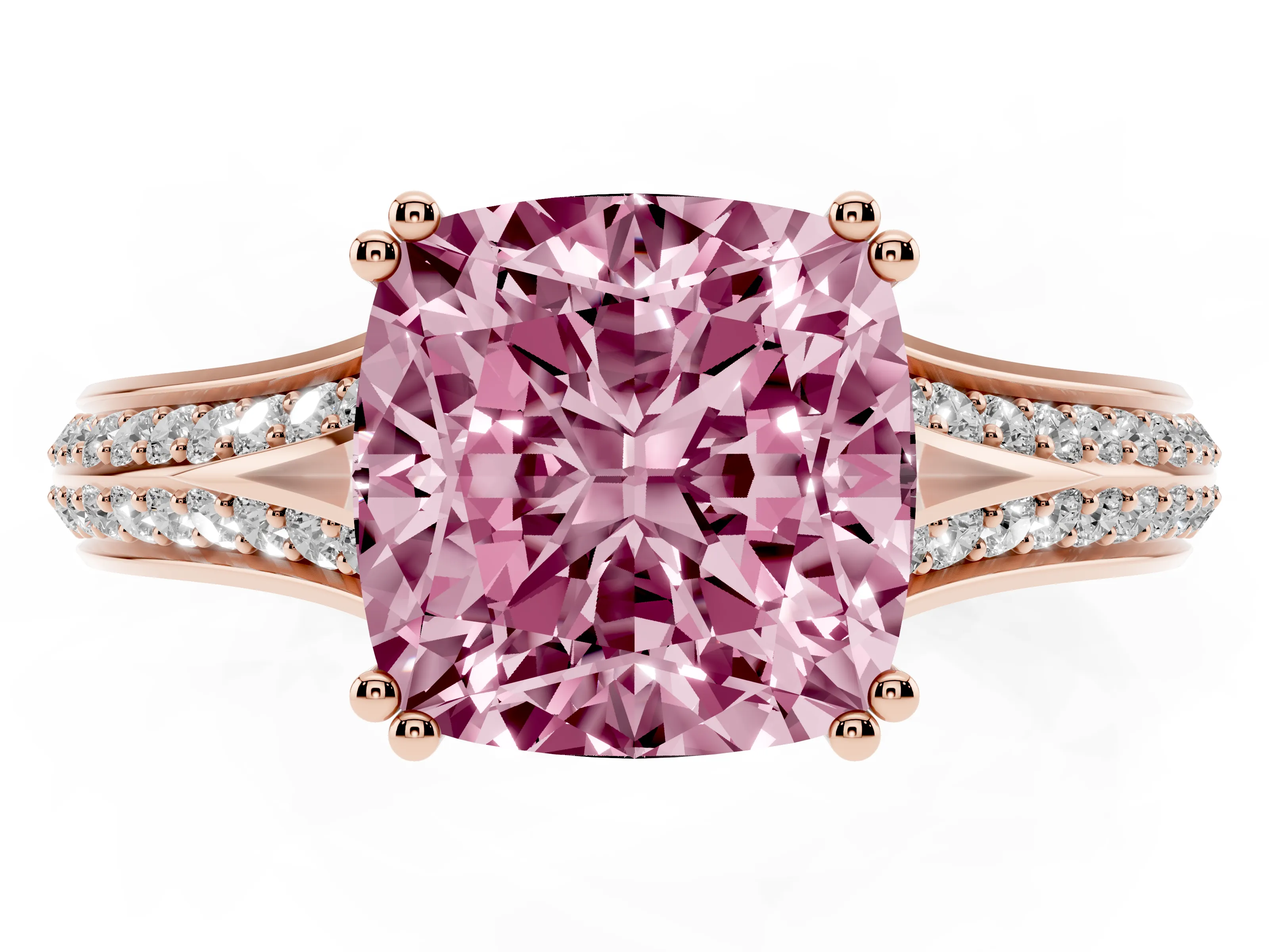 Fancy Pink Cushion Cut Diamond Split Shank Pavé Engagement Ring Set in Rose gold with Prong-Set Center Stone