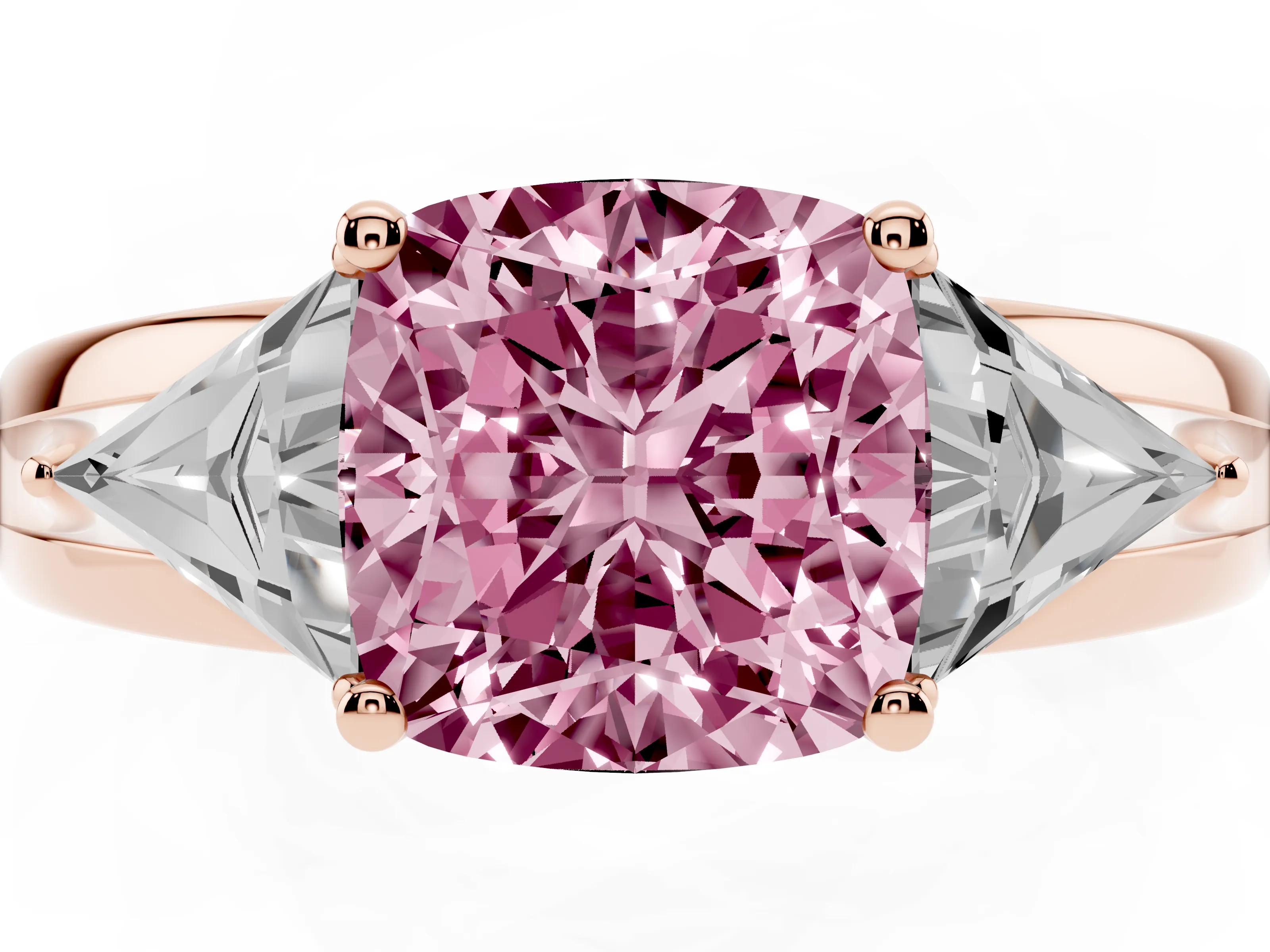 Fancy Pink Cushion Cut Diamond Three-Stone Ring Set in Rose gold with Trillion Side Stones and Split Shank