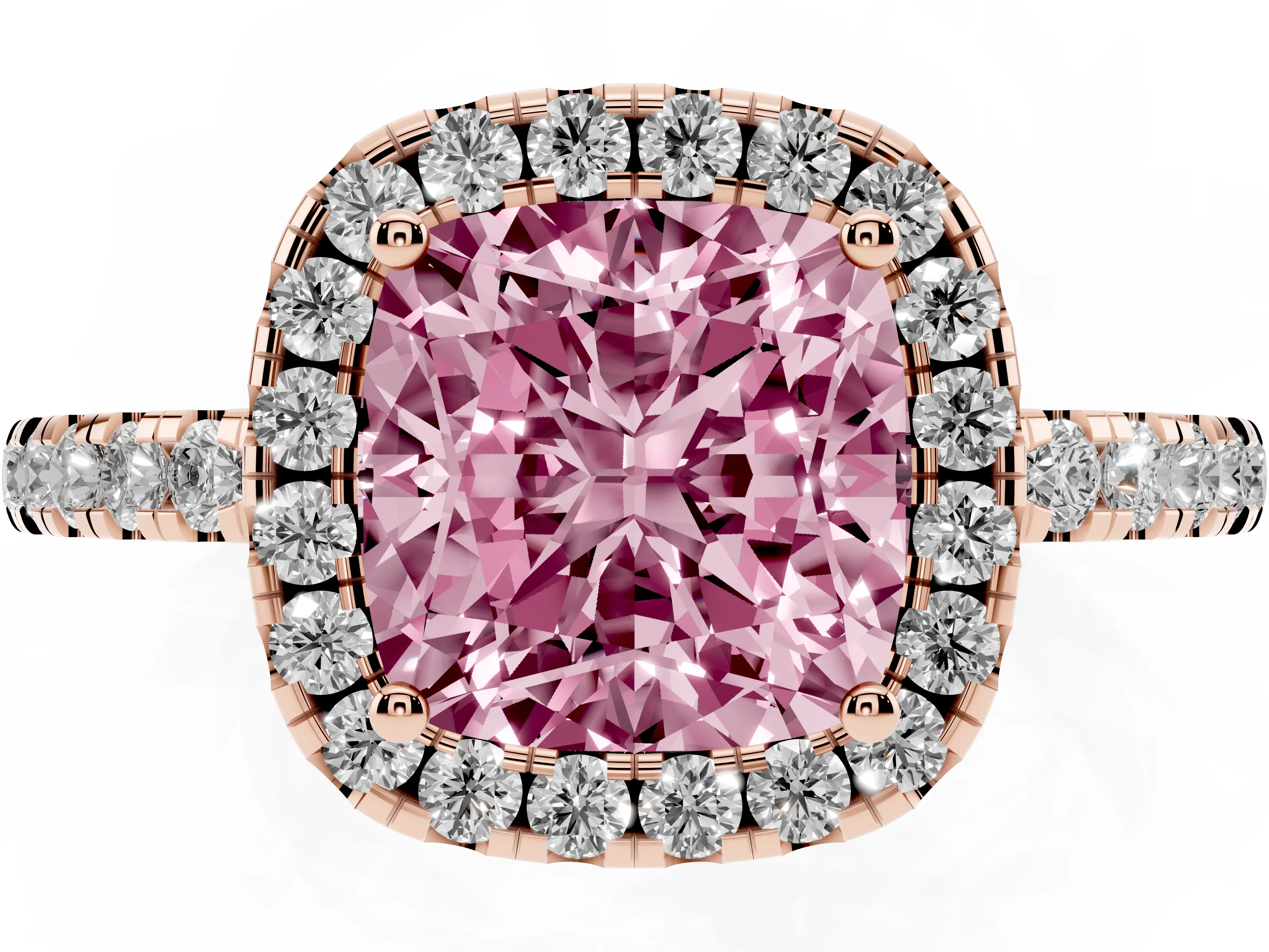 Fancy Pink Cushion Cut Diamond Pavé Band Halo Engagement Ring Set in Rose gold with Prong Setting