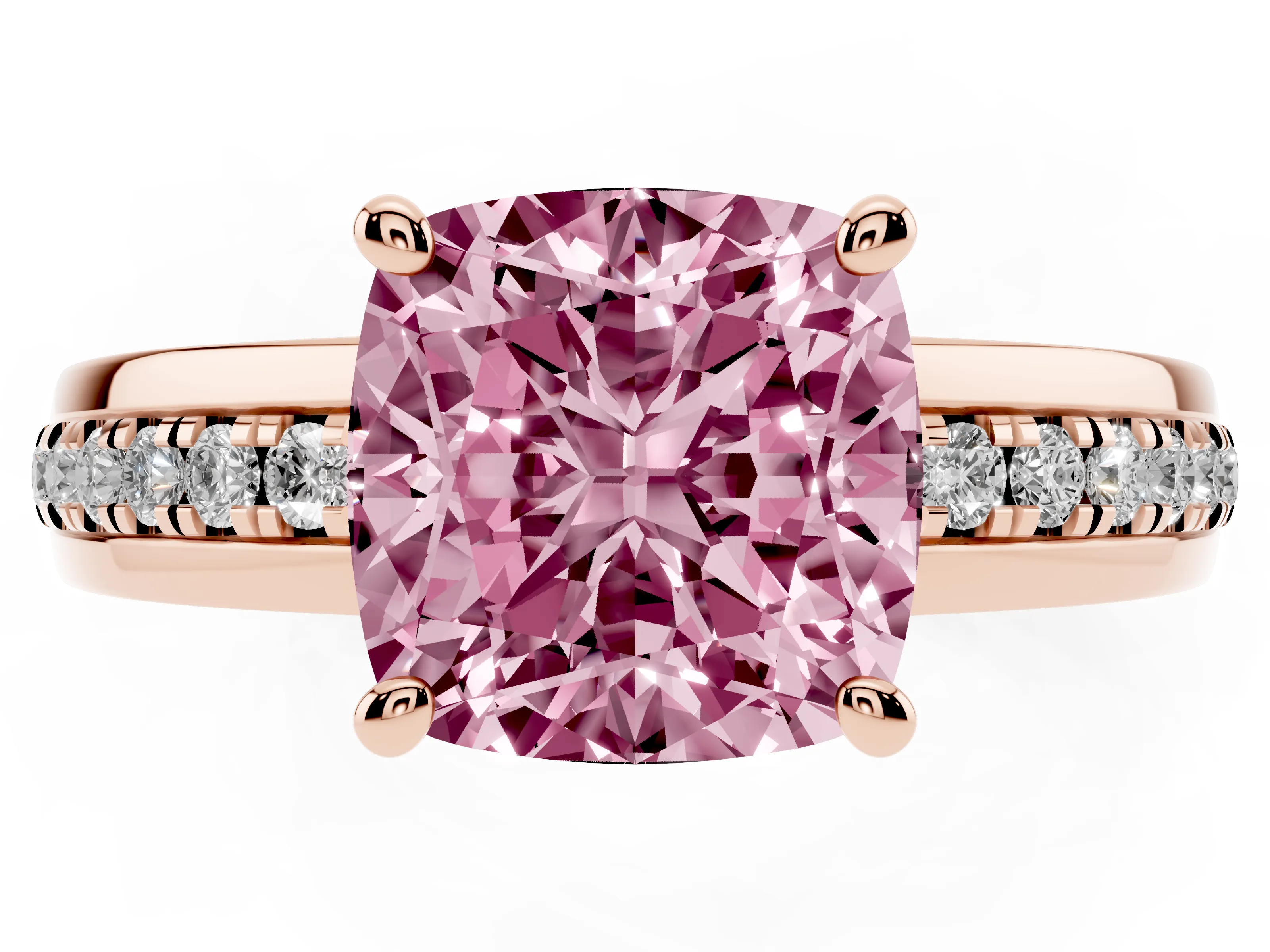 Fancy Pink Cushion Cut Diamond Solitaire Ring Set in Rose gold with Channel Set Band and Prong Setting
