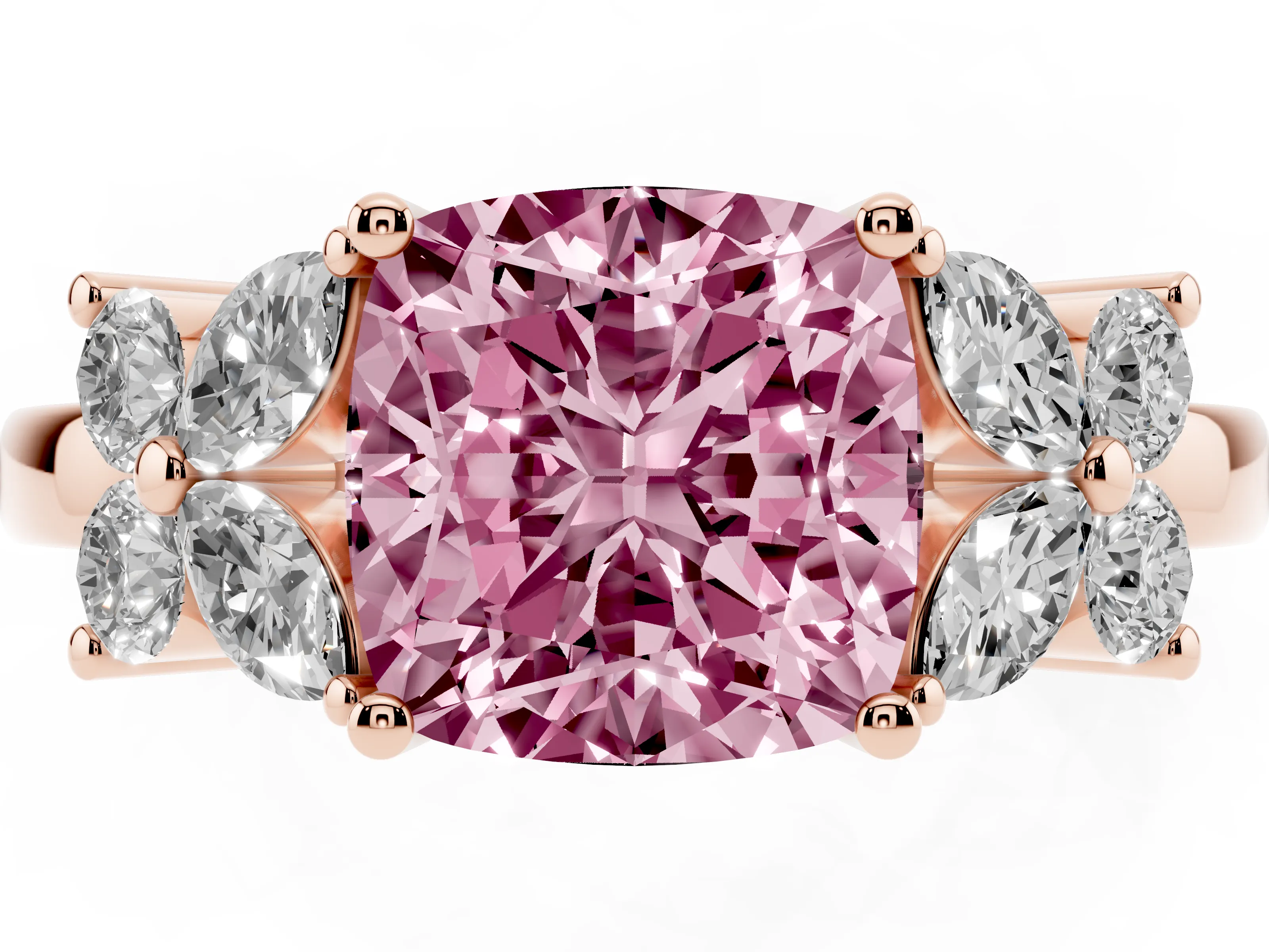 Fancy Pink Cushion Cut Diamond Floral Cluster Ring Set in Rose gold with Marquise Petals and Prong Setting
