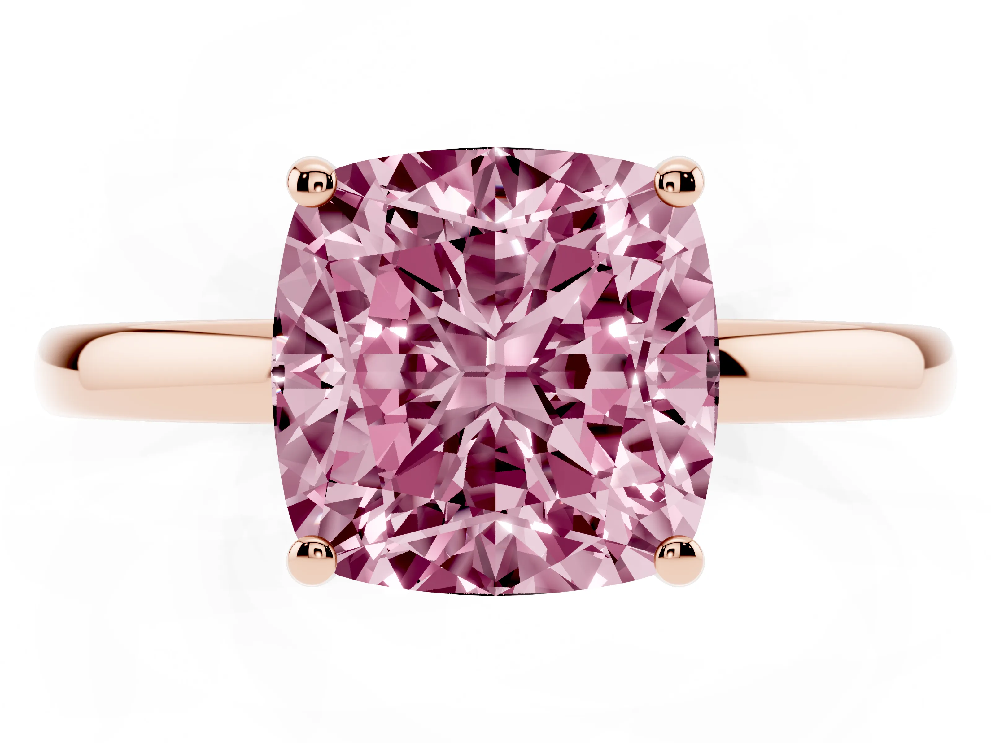 Fancy Pink Cushion Cut Diamond Solitaire Ring Set in Rose gold with Plain Band and Prong Setting