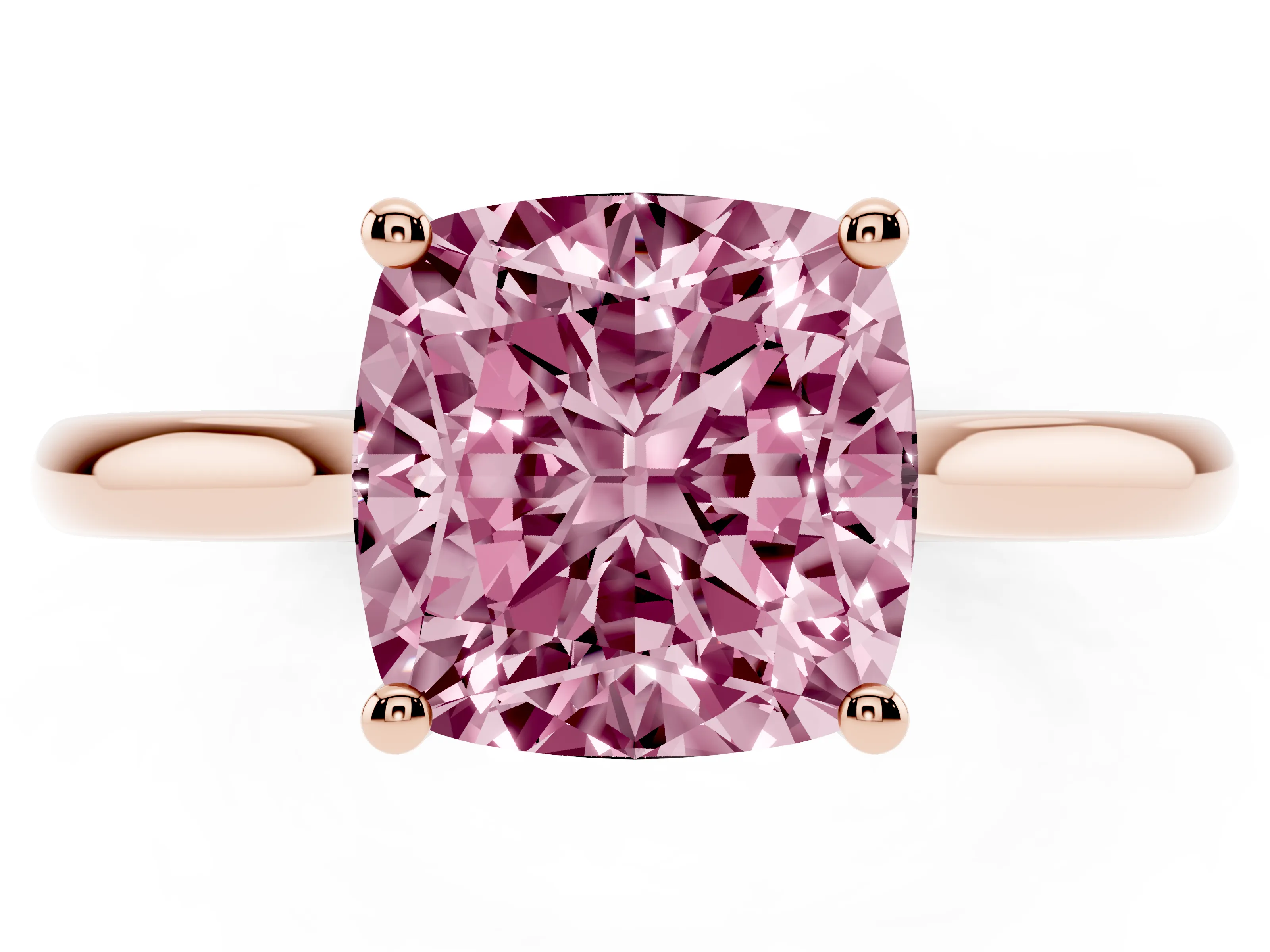 Fancy Pink Cushion Cut Diamond Solitaire Ring Set in Rose gold with Cathedral Band and Prong Setting