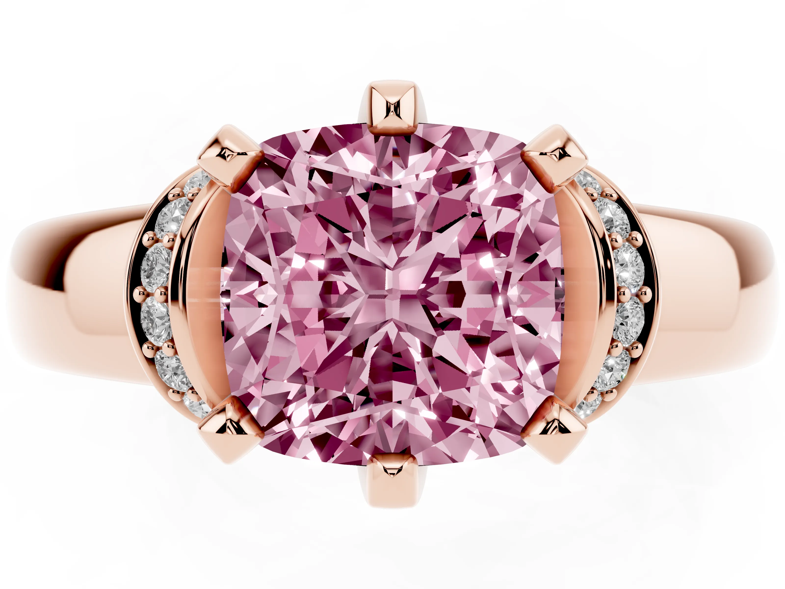 Fancy Pink Cushion Cut Diamond Pavé Band Solitaire Ring Set in Rose gold with Prong Setting