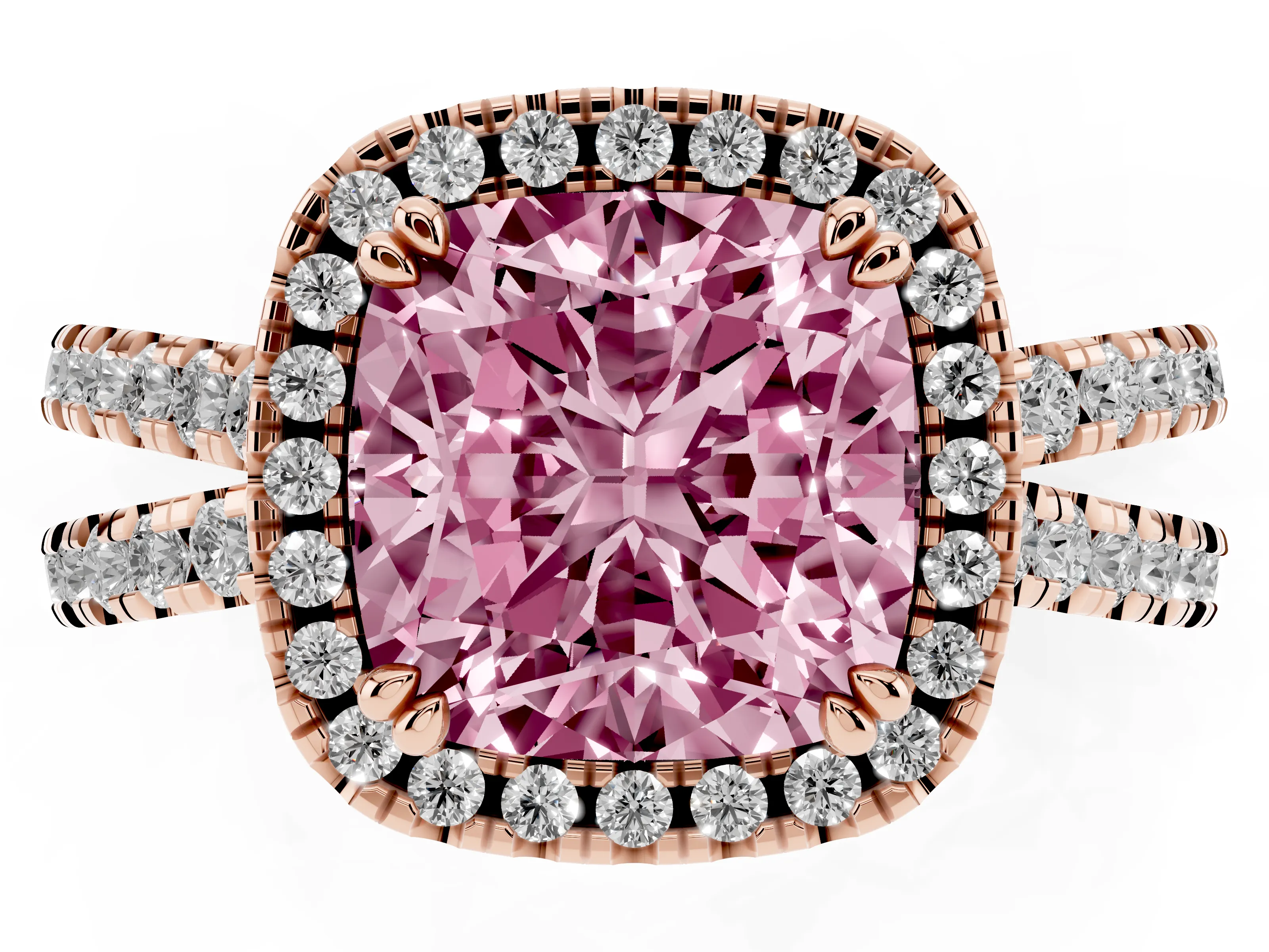 Fancy Pink Cushion Cut Diamond Halo Split Shank Ring Set in Rose gold with Pavé Setting