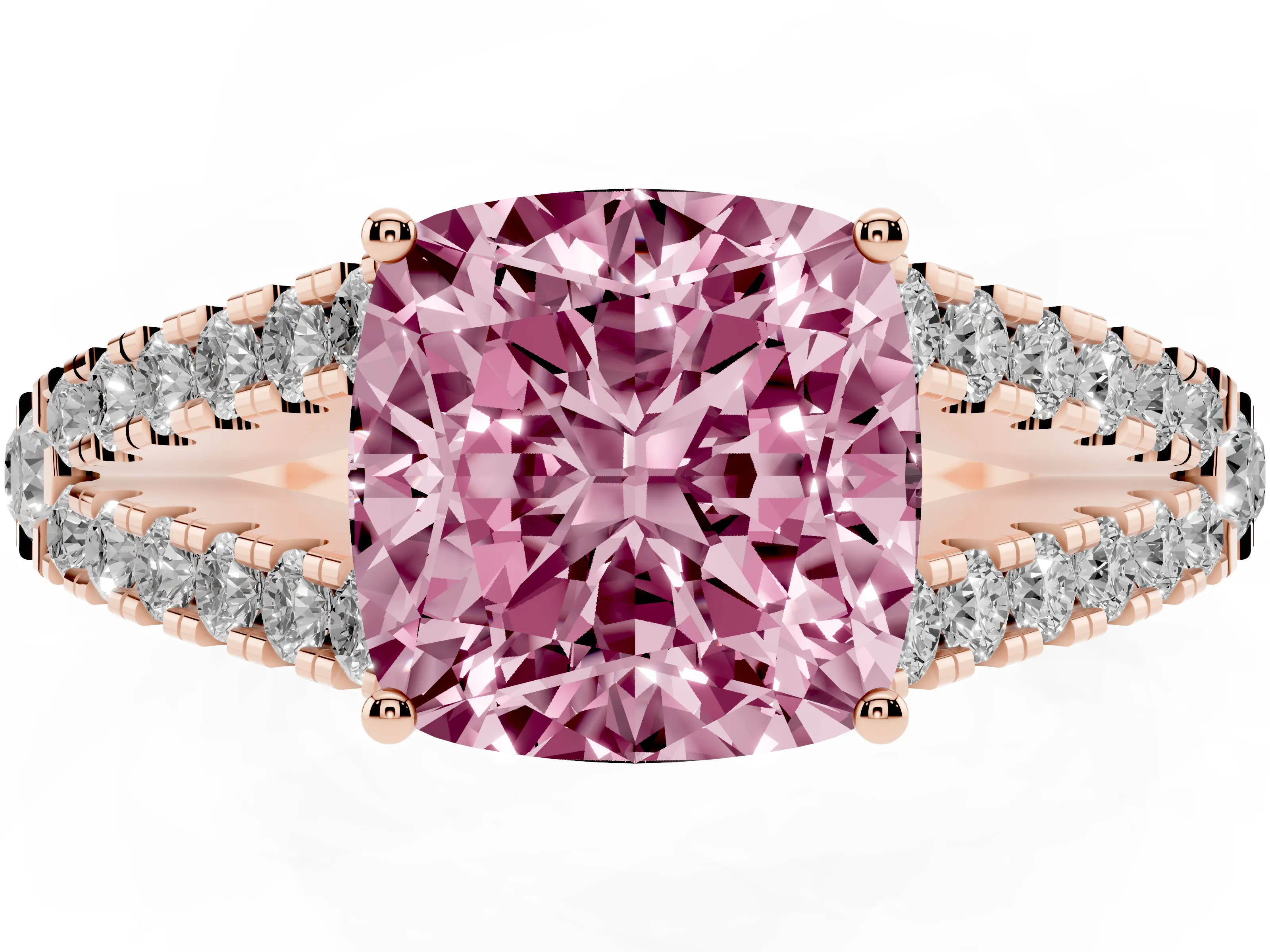 Fancy Pink Cushion Cut Diamond Split Shank Pavé Engagement Ring Set in Rose gold with Prong-Held Center Stone