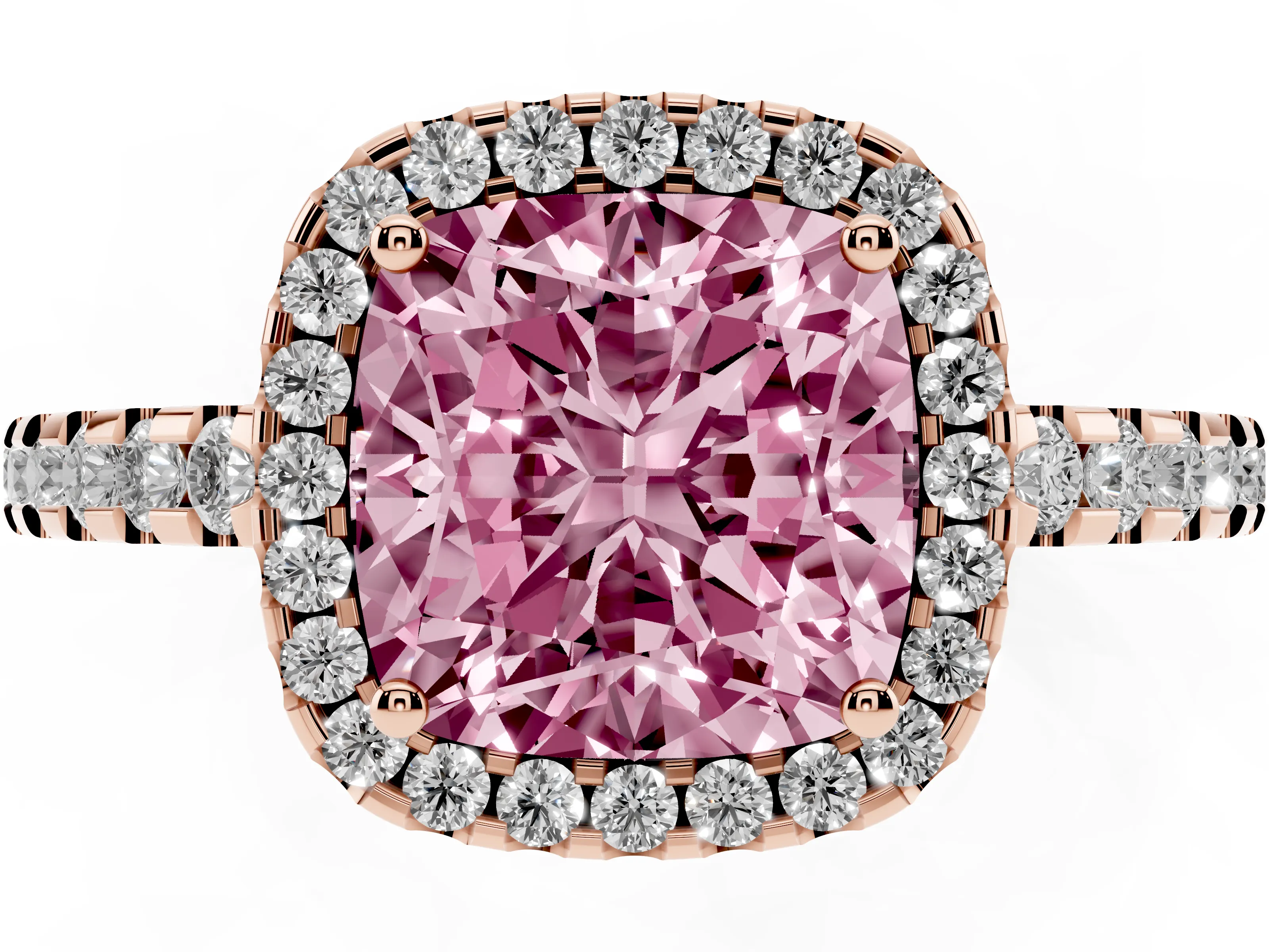 Fancy Pink Cushion Cut Diamond Halo Ring Set in Rose gold with Pavé Shoulders and Halo-Framed Center