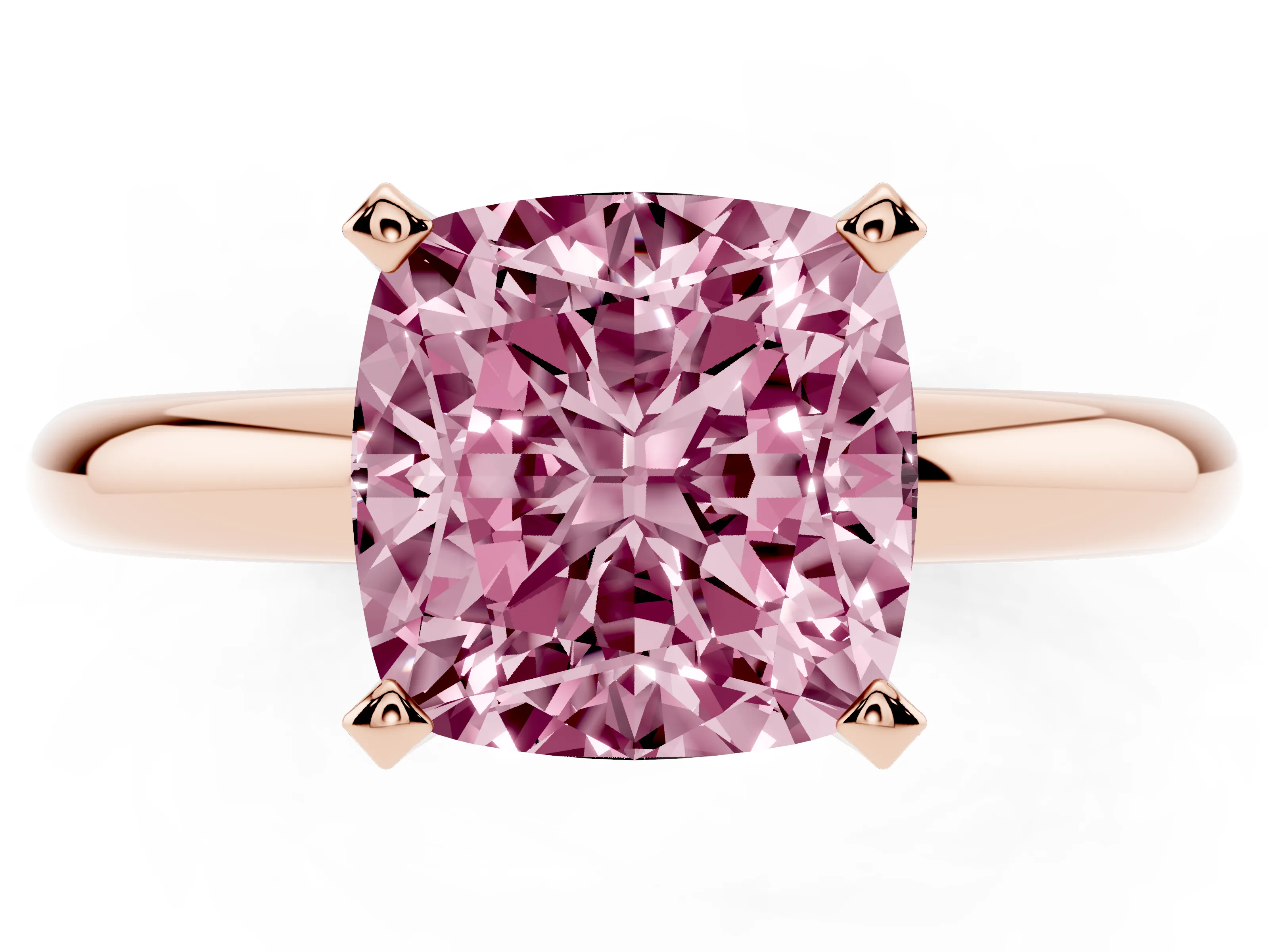 Fancy Pink Cushion Cut Diamond Solitaire Engagement Ring Set in Rose gold with Round Band and Prong Setting
