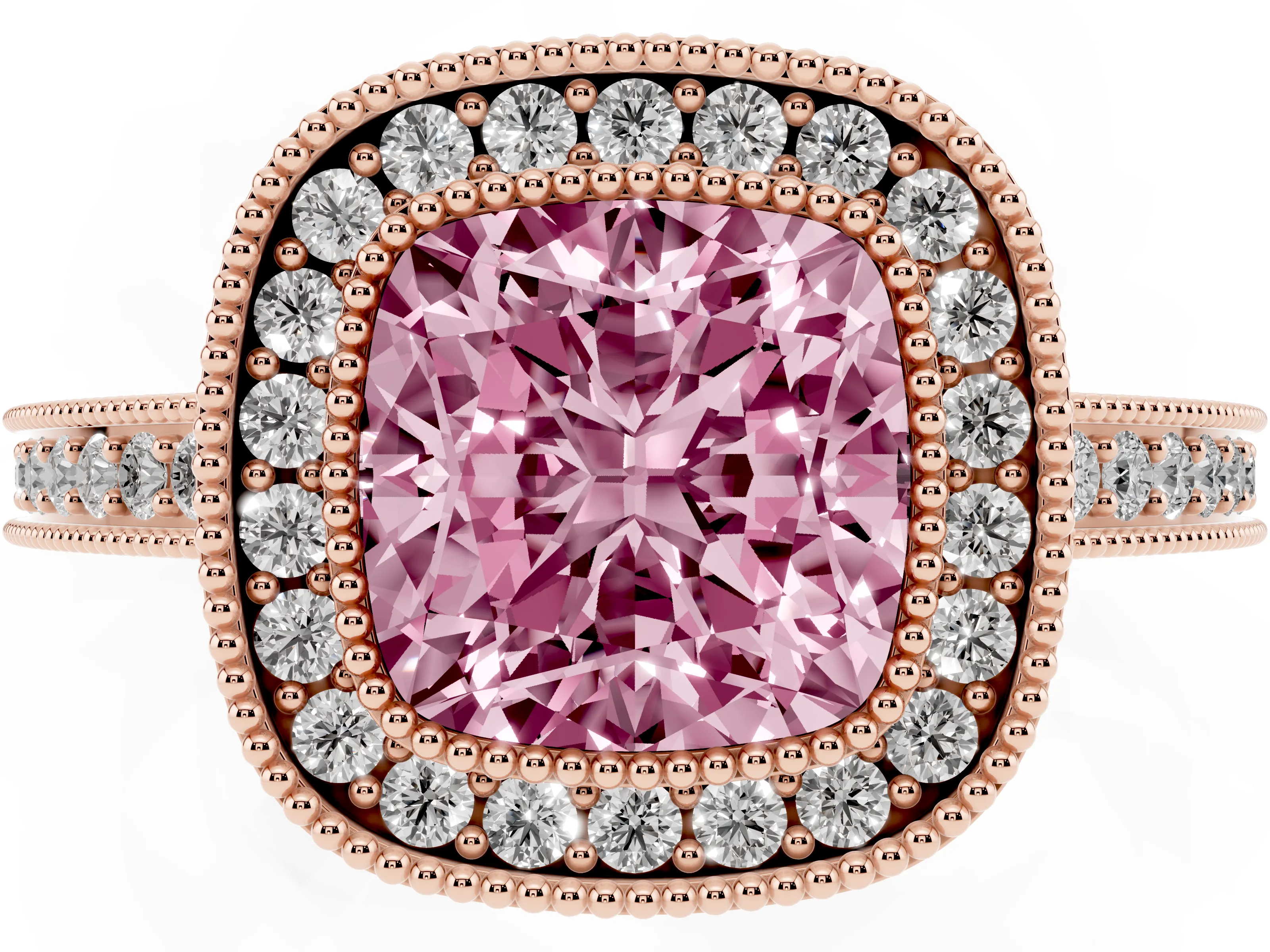 Fancy Pink Cushion Cut Diamond Round Halo Ring Set in Rose gold with Pavé Band